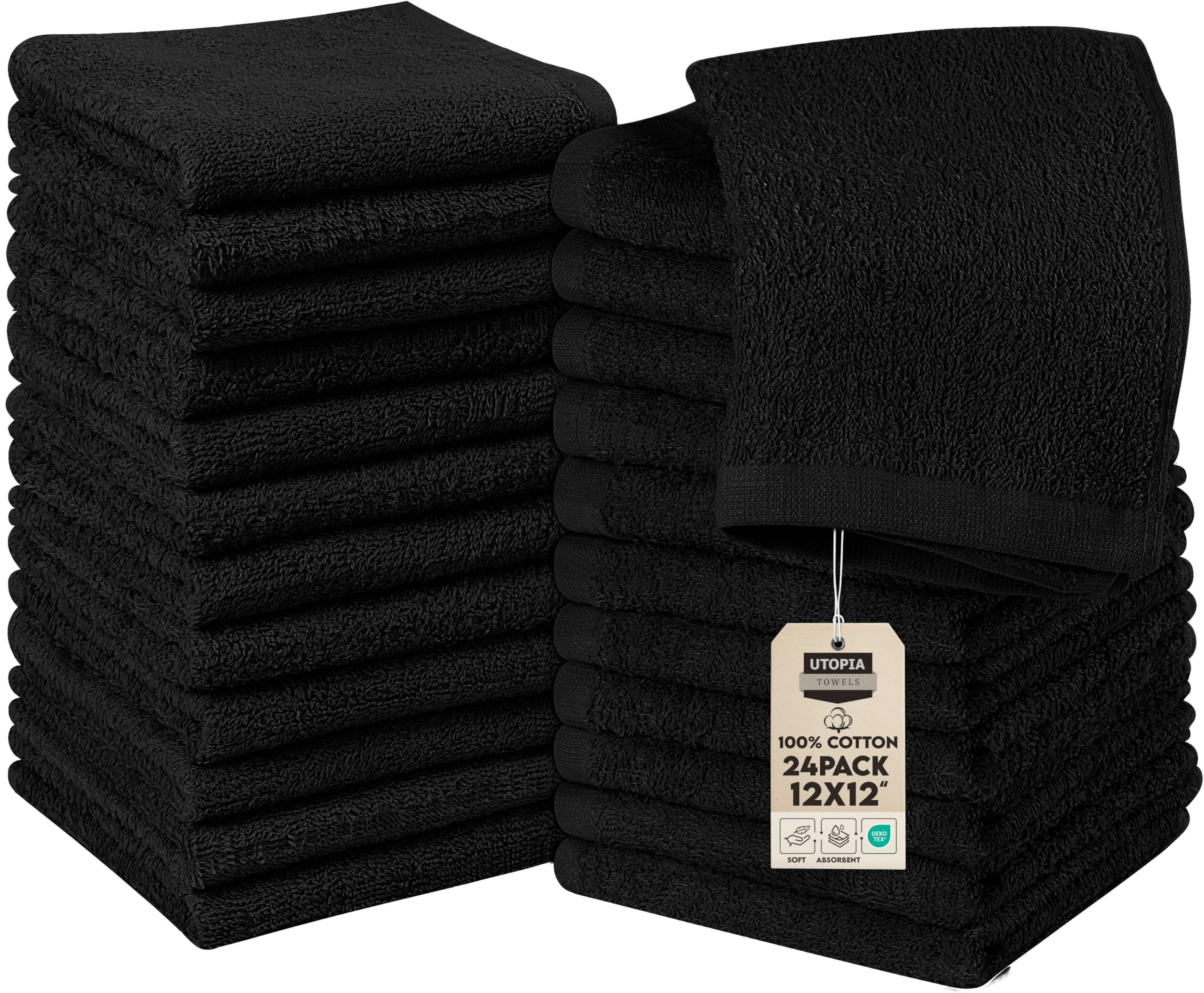 Utopia Towels 24 Pack Cotton Washcloths Set, 100% Ring Spun Cotton, Premium Quality Flannel Face Cloths, Highly Absorbent and Soft Feel Fingertip Towels, Black