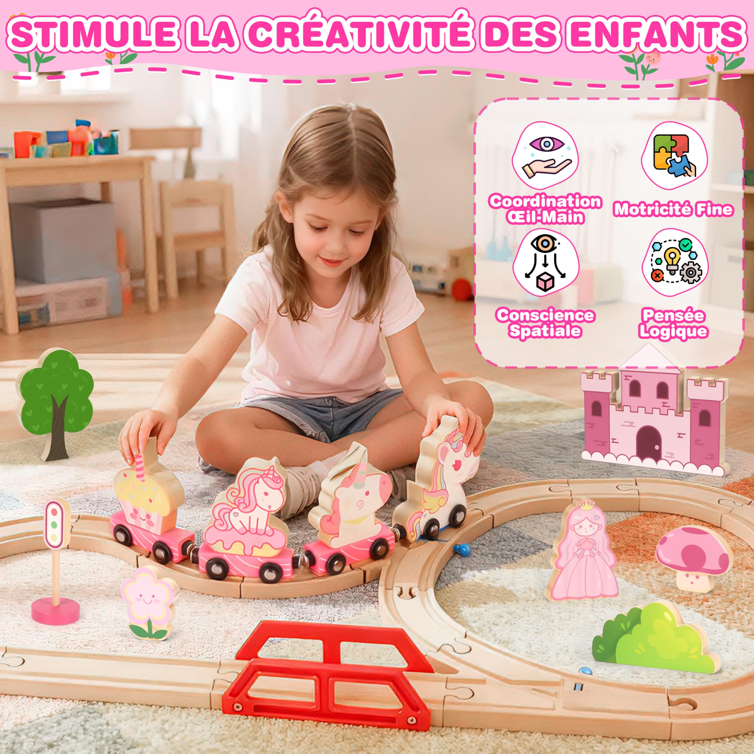 MOMOSTAR 74 Pièces Thème Licorne Rose Circuit Train Bois Enfant, Licorne Cadeau Fille 3 4 5 Ans Comprend des Ornements Tels Que des Châteaux, des Licornes Et des Princesses, Jouet Fille 3-5 Ans