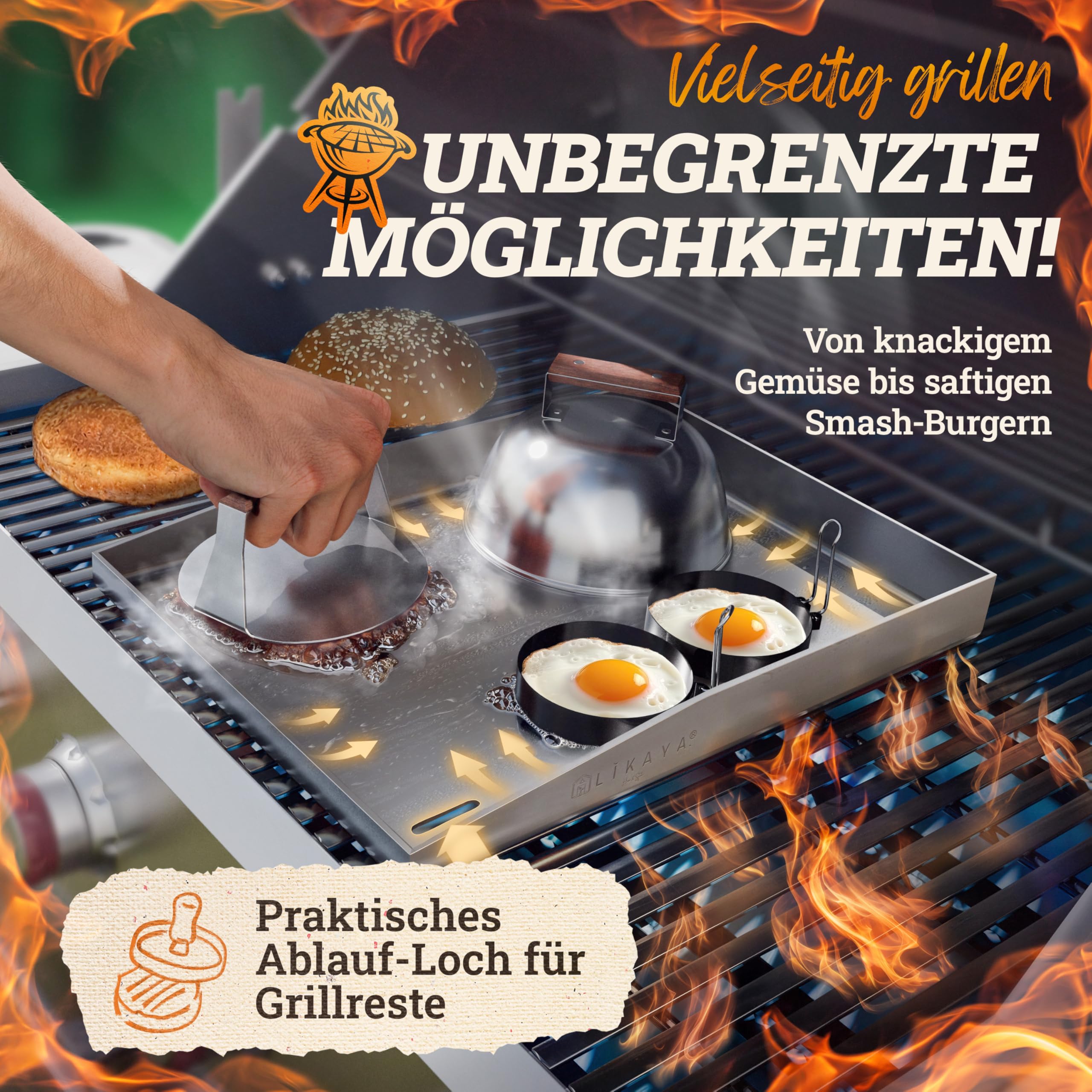 LIKAYA® Plancha Grillplatte [30x40cm] mit 2x Grillspachtel mit FSC-Akazienholzgriff Grillzubehör | Verzugsfreier Edelstahl | Plancha Gasgrill Kohlegrill | Geschlossene Ecken ohne Auslaufen