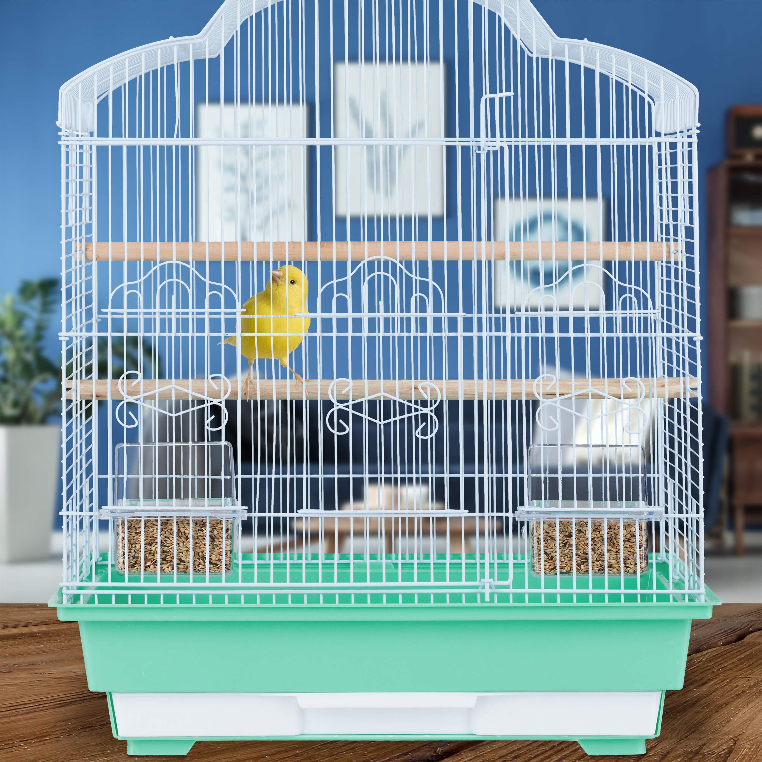 Relaxdays Jaula de Aves Metálica para Canarios Pequeños, con Perchas y Comederos, 56,5x46,5x35,5 cm, Color Verde