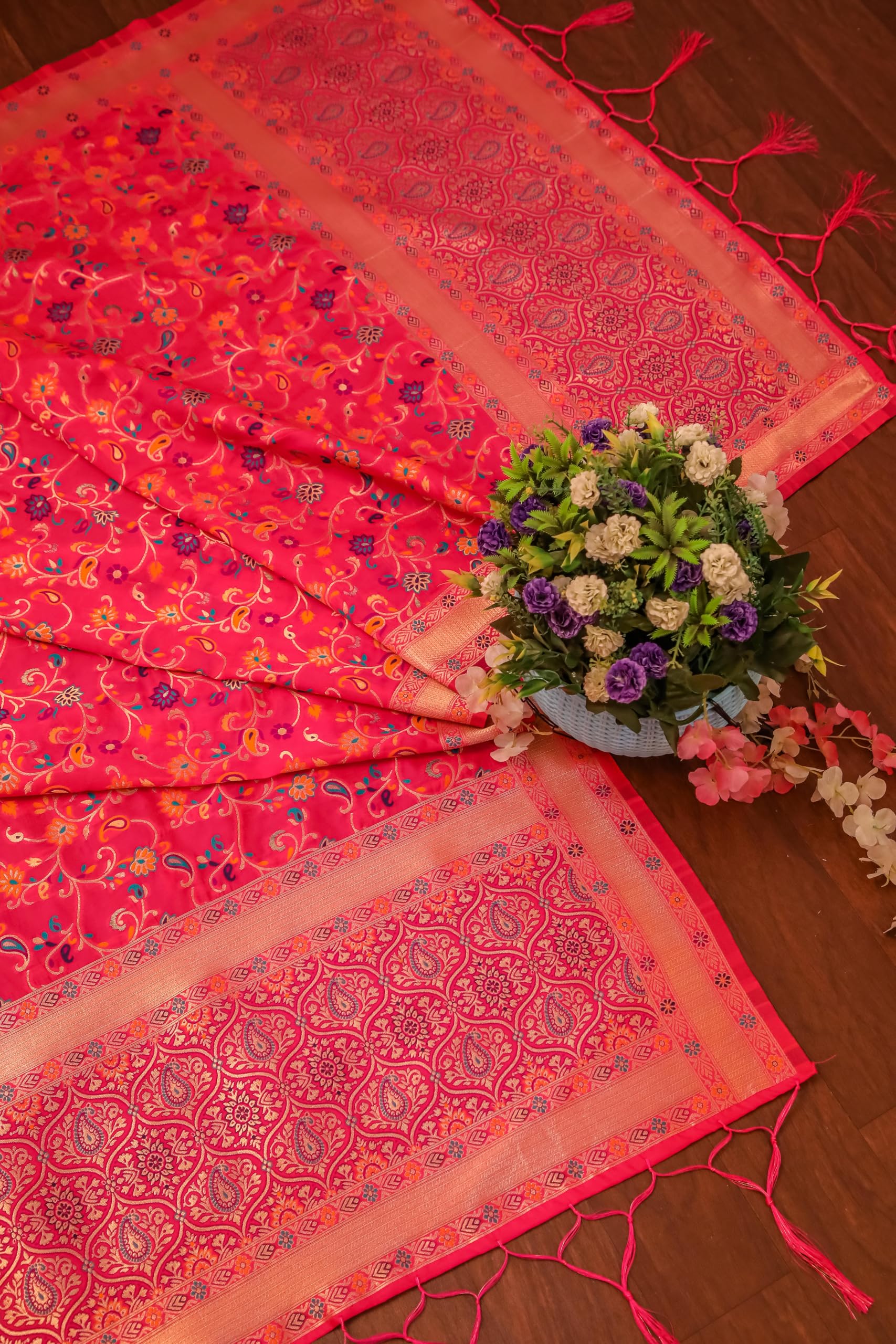 DEVANGI Women's Woven Banarasi Kashmiri Silk Jacquard Dupatta/Chunni with Meena Work, Width 1 Meter, Length 2.5 Meter (OM-DT-21-RANI-F) 2