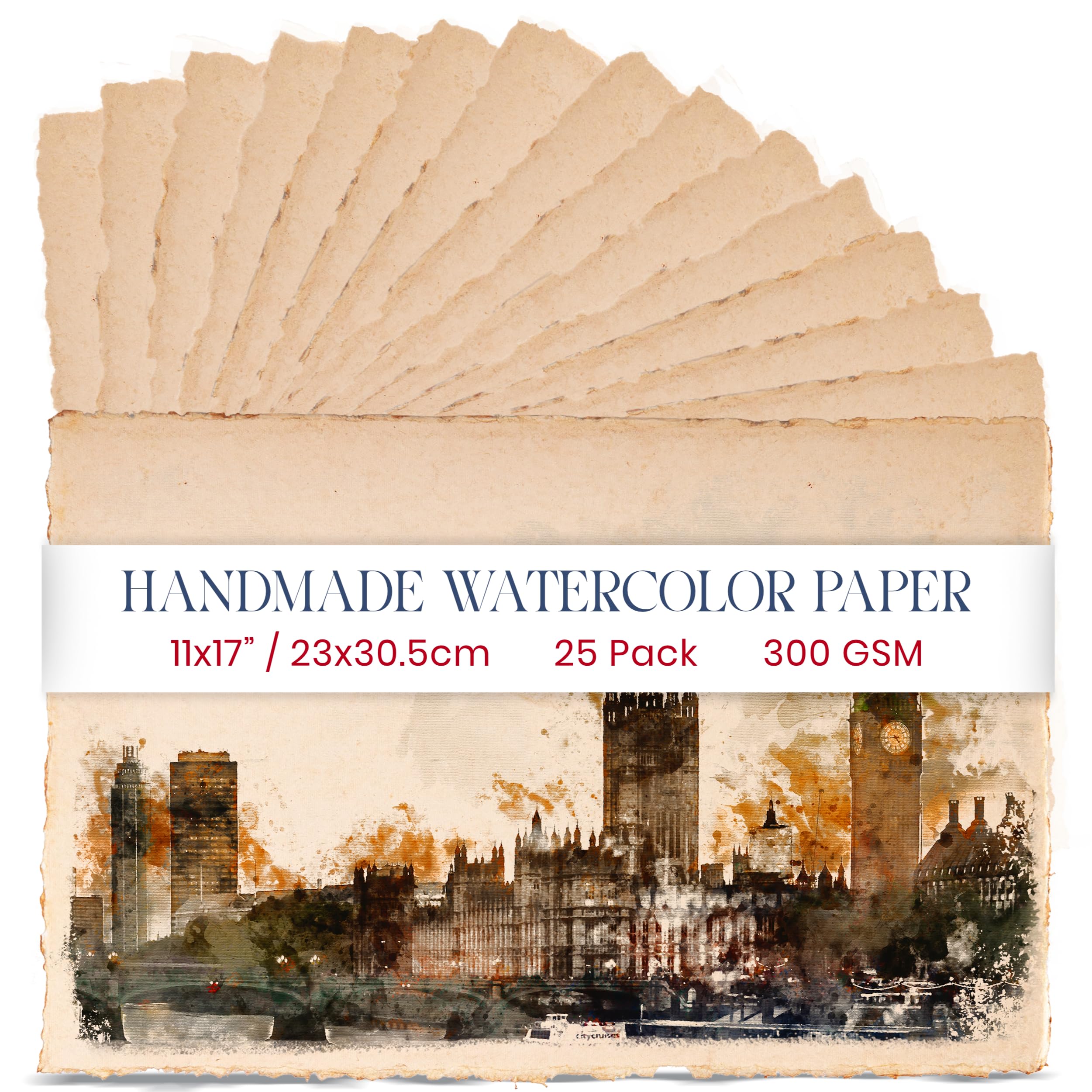 Wanderings Vintage Handmade Watercolour Paper With Deckle Edge - 28X43 Cm - 300Gsm - Premium Antiqued Hot Press Textured Mixed Media Paper Made With Recycled Cotton - 25 Loose Leaf Sheets