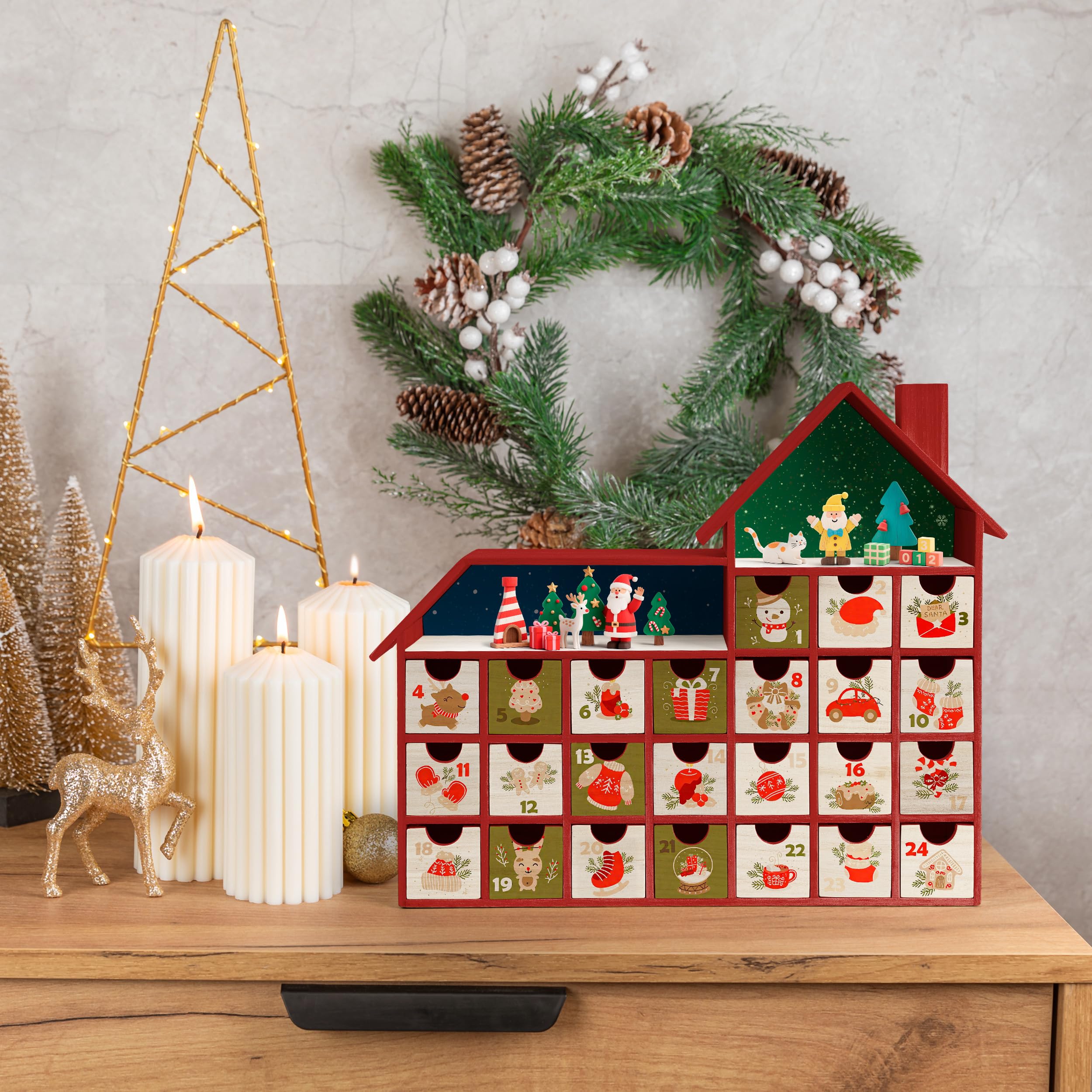 Sunlit Calendario de Adviento de madera de Navidad con cajones, madera sin terminar, calendario de cuenta regresiva en forma de chalet listo para decorar y personalizar | Caja de almacenamiento de