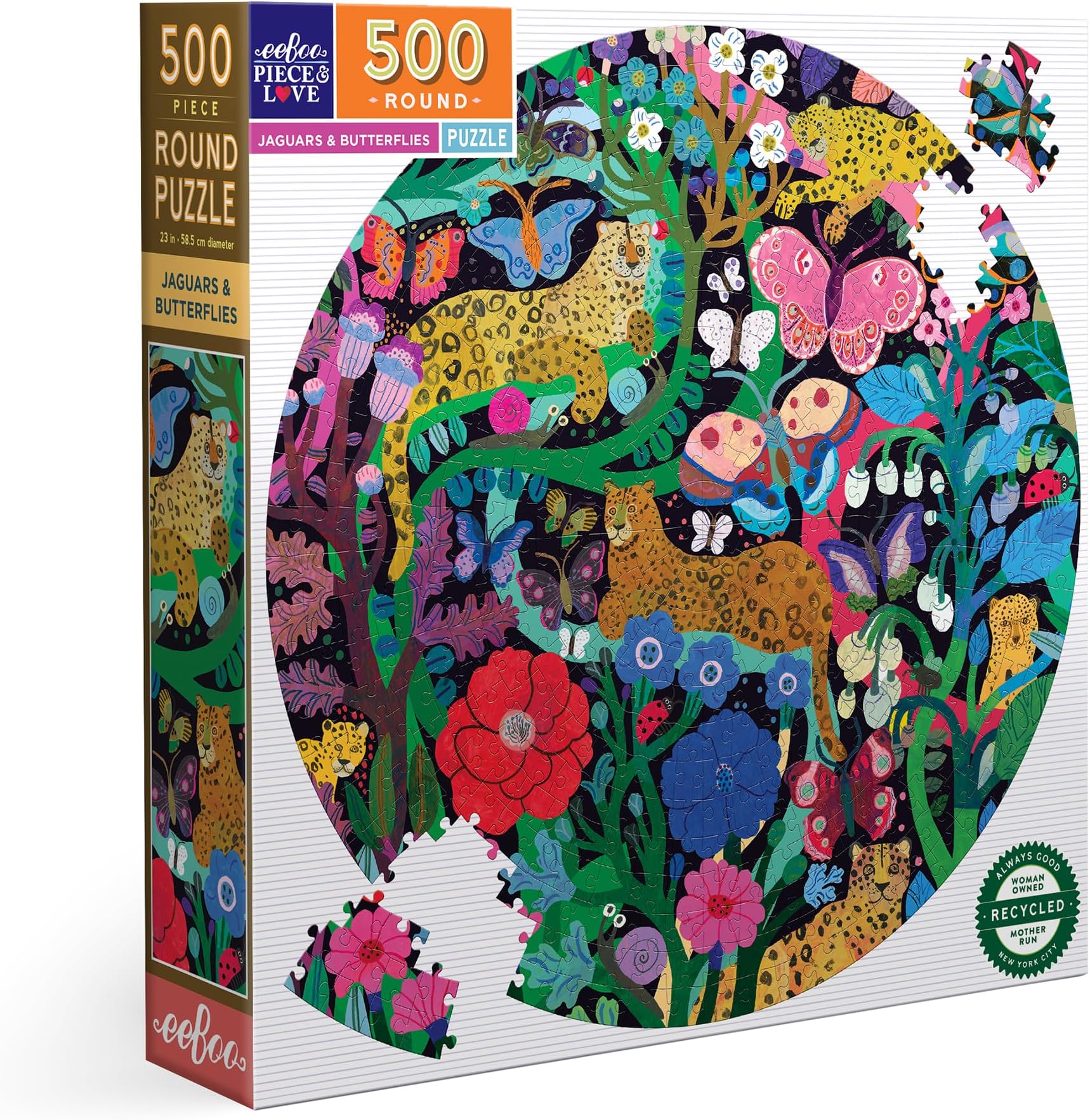 eeBoo 500 Piece Puzzle - Jaguars & Butterflies Jigsaw Puzzle for Adults, Circular with 23" Diameter Made with Recycled Board & Vegetable-Based Ink