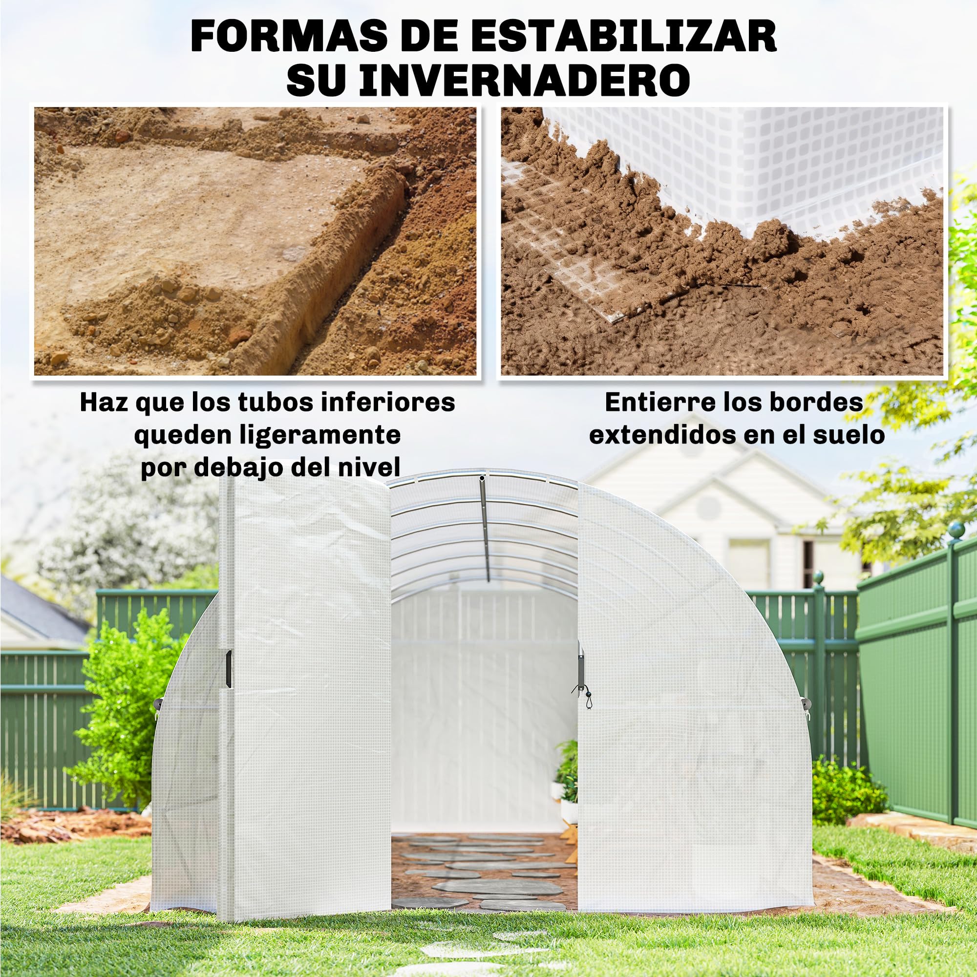 Outsunny Invernadero de Exterior 6x3x2 m, Invernadero de Túnel con Puerta con Bisagras, Ventanas de Malla, Cubierta PE 140g/m² y Marco de Acero Galvanizado, Anti-UV, Impermeable, para Cultivos, Blanco