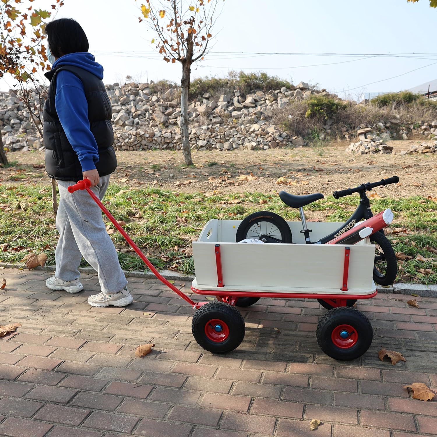 Children's Wooden Wagon Stroller with Four-Wheel Design and 260LBS Load Capacity for Outdoor Play, Toy Hauling, and Picnics in Garden or Park