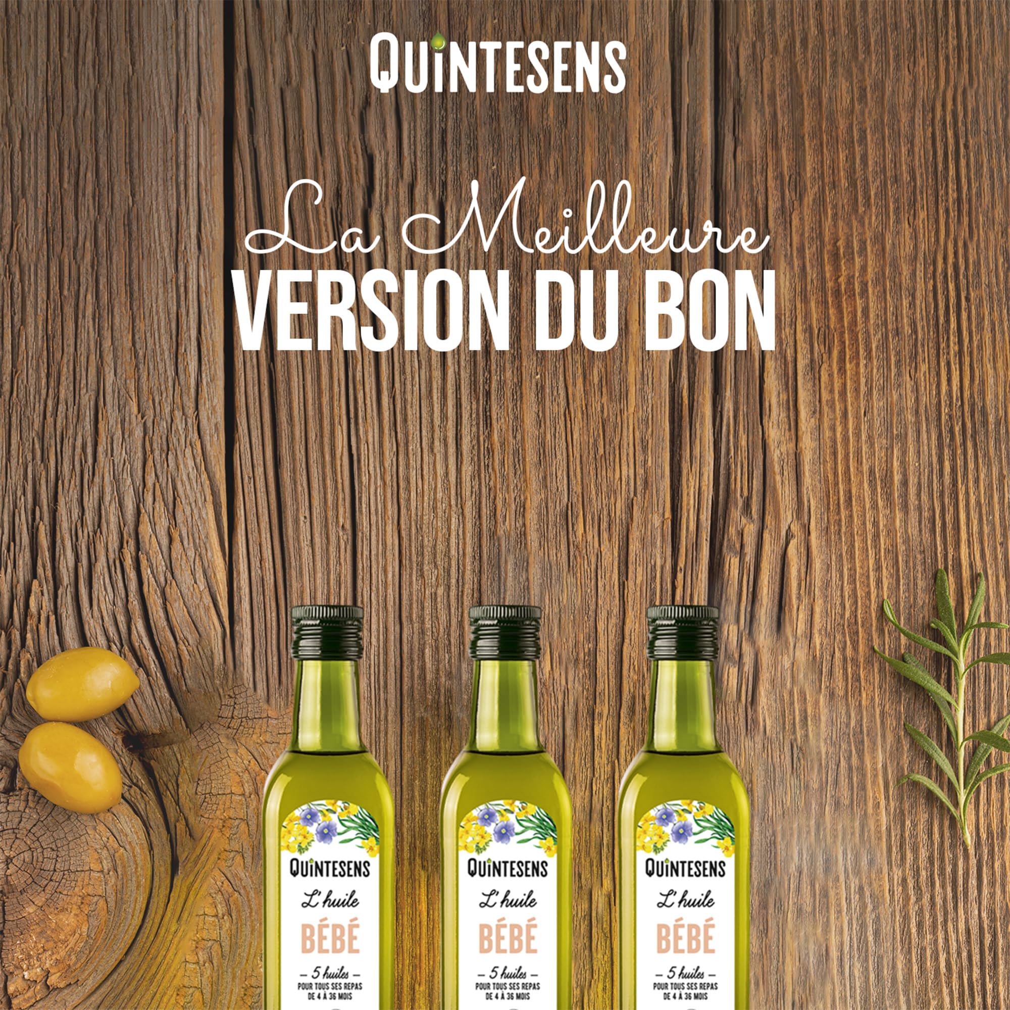 Lot 3 Huiles Bébé QUINTESENS 250 ml - Développement cérébral et Protection cellulaire - Apports en DHA, Oméga 3, 6 & 9 et Vitamine E - Production 100% Française - 4-36 Mois