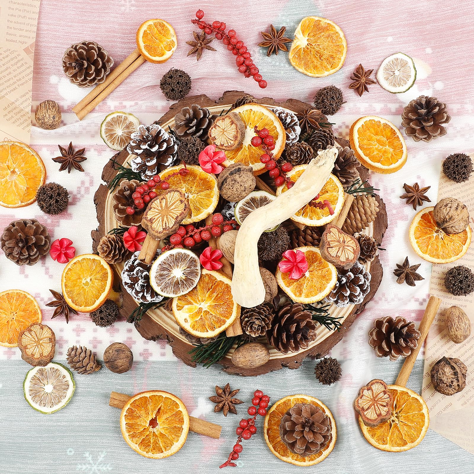123 Pezzi Natalizio Potpourri Decorazioni Fai da Te Corona dell'Avvento Natalizio Set con Fette di Arancia Secca Cannella Coni di Pino per Tavolo da Pranzo, L'Albero di Natale Decorazione