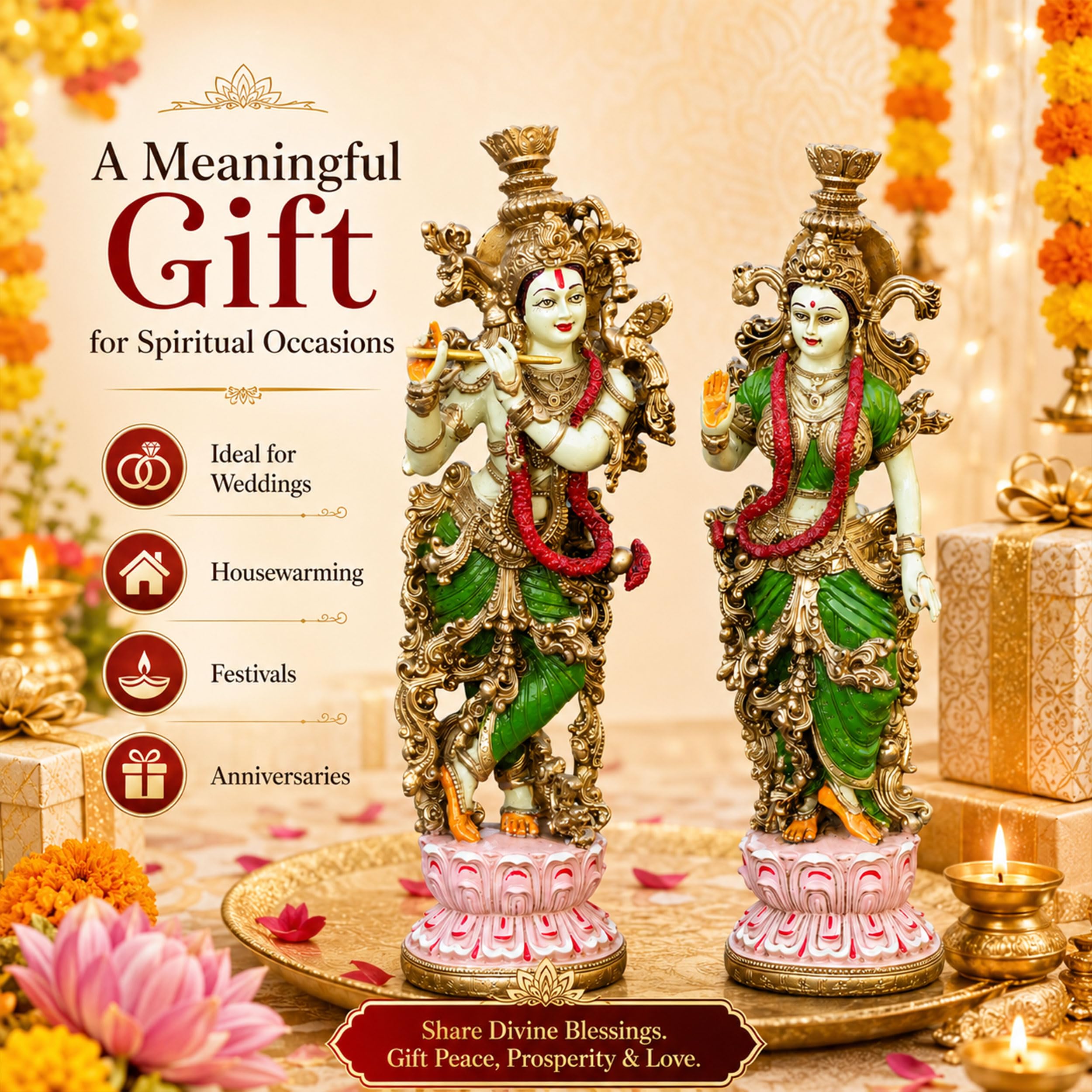 Radha Krishna Idol Pair for Home Mandir Pooja Room Decor | 14 Inch Hand Painted Lacquer Coated Statue Set | Premium Spiritual Showpiece for Living Room Office Temple Wedding Gift (Lotus) — photo — 7 of 8