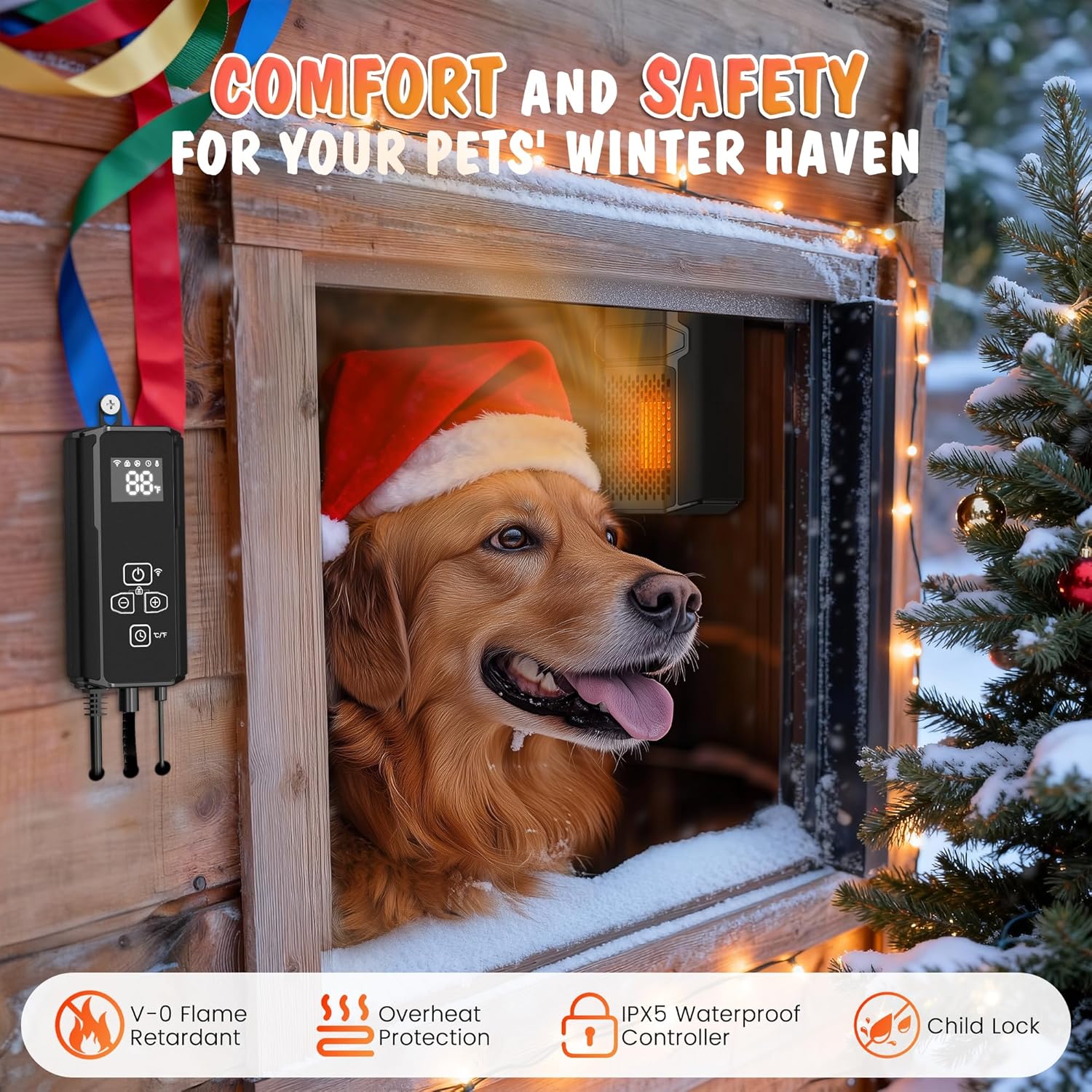 Dog House Heater with Thermostat - PETNF 500W Outdoor Dog Heater WIFI APP Remote Control,Doghouse Heaters for Outside Kennel with External Temperature Probe,41~113℉Adjustable Temp & Timer,Safe for Pet