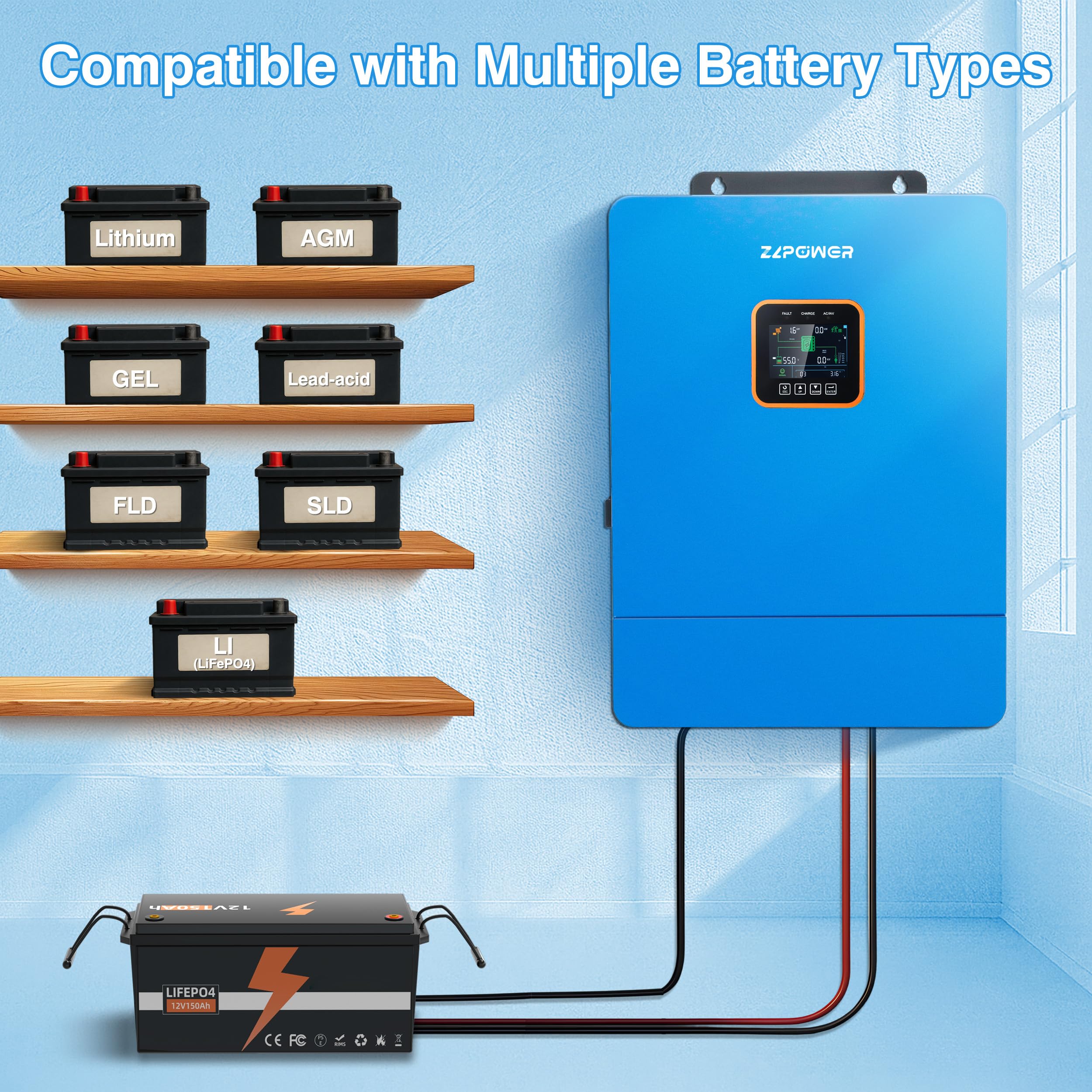 ZLPOWER UL1741 Onduleur solaire 8000 W DC 48 V, entrée/sortie AC 120 V/240 V (réglable), onduleur à onde sinusoïdale pure divisée, 2 MPPT, charge de batterie max 200 A (parallèle/WiFi/BMS COMM), sans