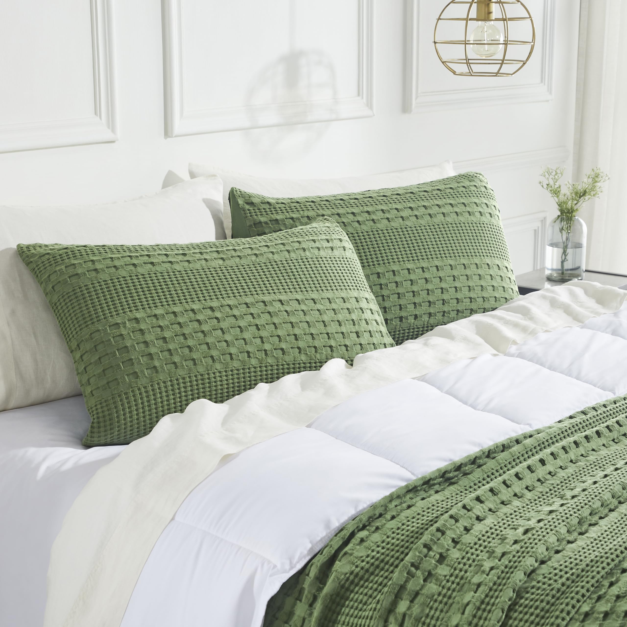 VHC Brands100% Cotton Waffle Weave Olive Green King Size Sham Set of 2 20x36, Decorative Throw Pillow Covers/Shams, Boho Farmhouse Bedroom Decor