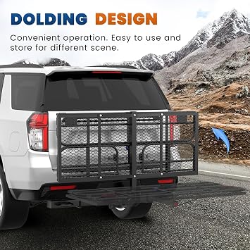 KUIPERAUTO 500 Lbs Folding Rack Hitch Mount Cargo Carrier, 2 Hitch Receiver, 60 x 24 x 14 Size,Bolt Lock Luggage Basket Heavy Duty Hitch Rear Trailer Cargo Rack Compatible for SUV Truck Pickup
