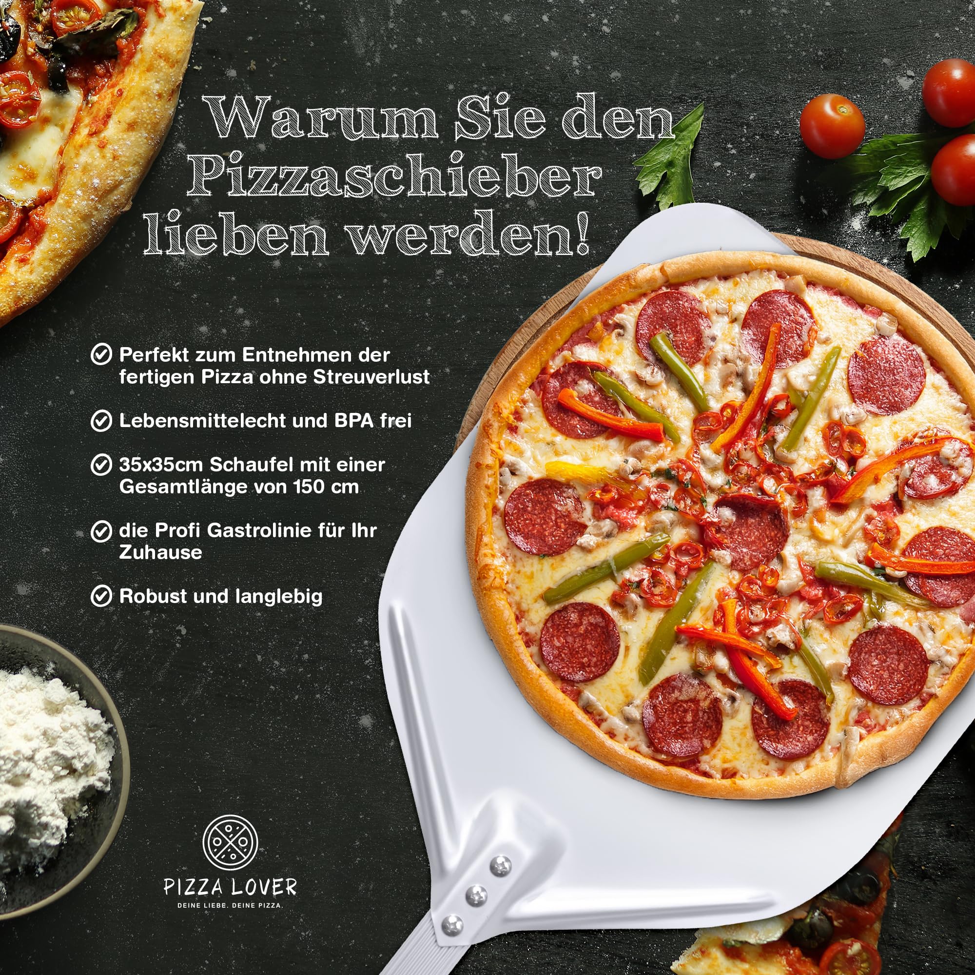 Pizza Lover Pelle à pizza Gastro - Pelle à pizza en aluminium avec poignée extra longue - Idéal pour barbecue, four à pizza, pierre à pizza - Pelle à pizza professionnelle (argent - lisse, 35 x 180 cm