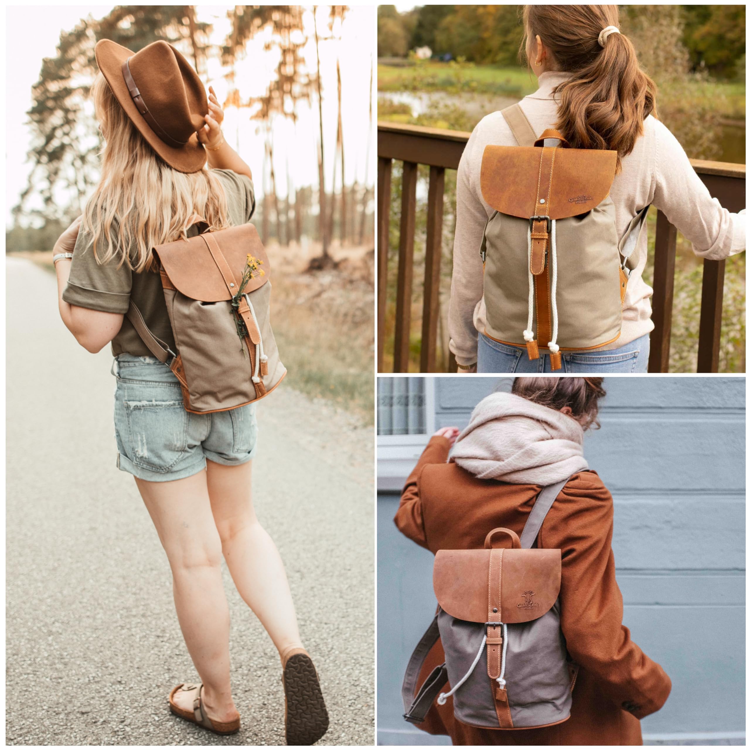 Gusti Rucksack Leder - Paula M Damen groß Cityrucksack Collegerucksack Unirucksack Daypack Schultasche Laptoptasche Laptoprucksack Lederrucksack Grau Canvas & Leder