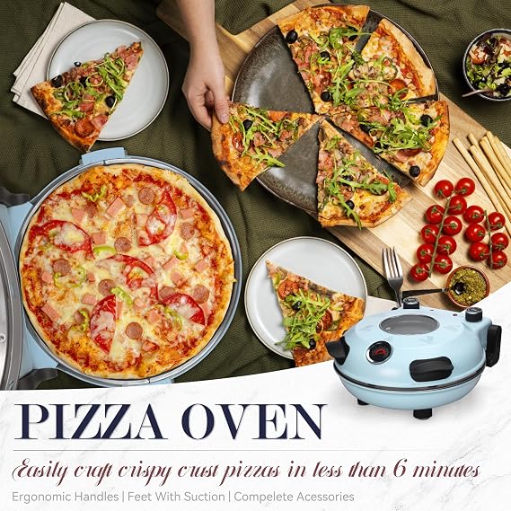 Baker's Friend Electric Pizza Oven Indoor Countertop, 12 Inch Maker Machine for Home, Cooker & Grill, Premium Glazed Ceramic Stone Oven, Pale Blue