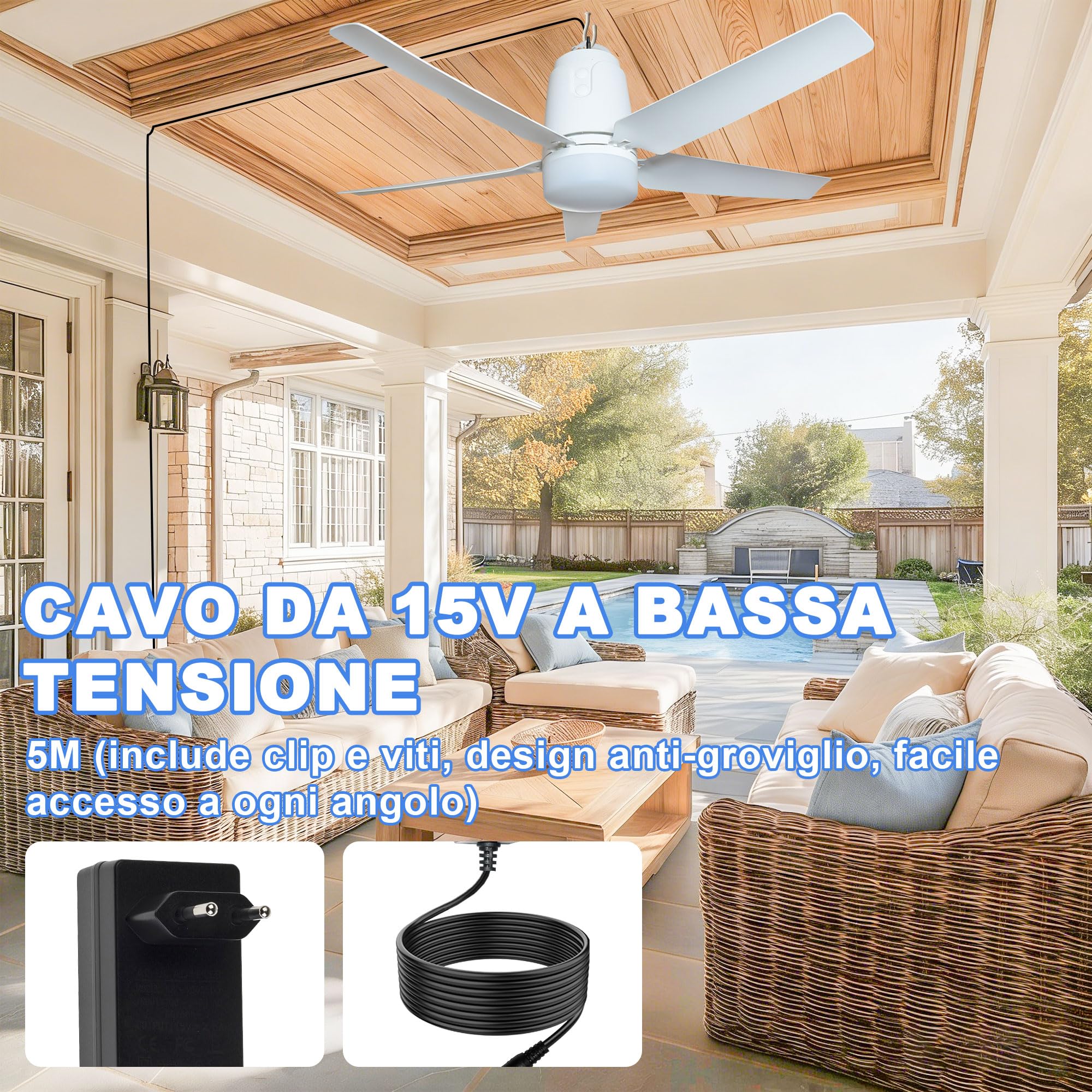 SHUNLEE Ventilatore da Esterno Soffitto, Ventilatore da Gazebo con Luce 3000-6500K, Ventilatore da Soffitto Portatile con Spina e Telecomando, Gancio, ideale per Gazebo, Tenda a Comparsa, Patio (80CM)