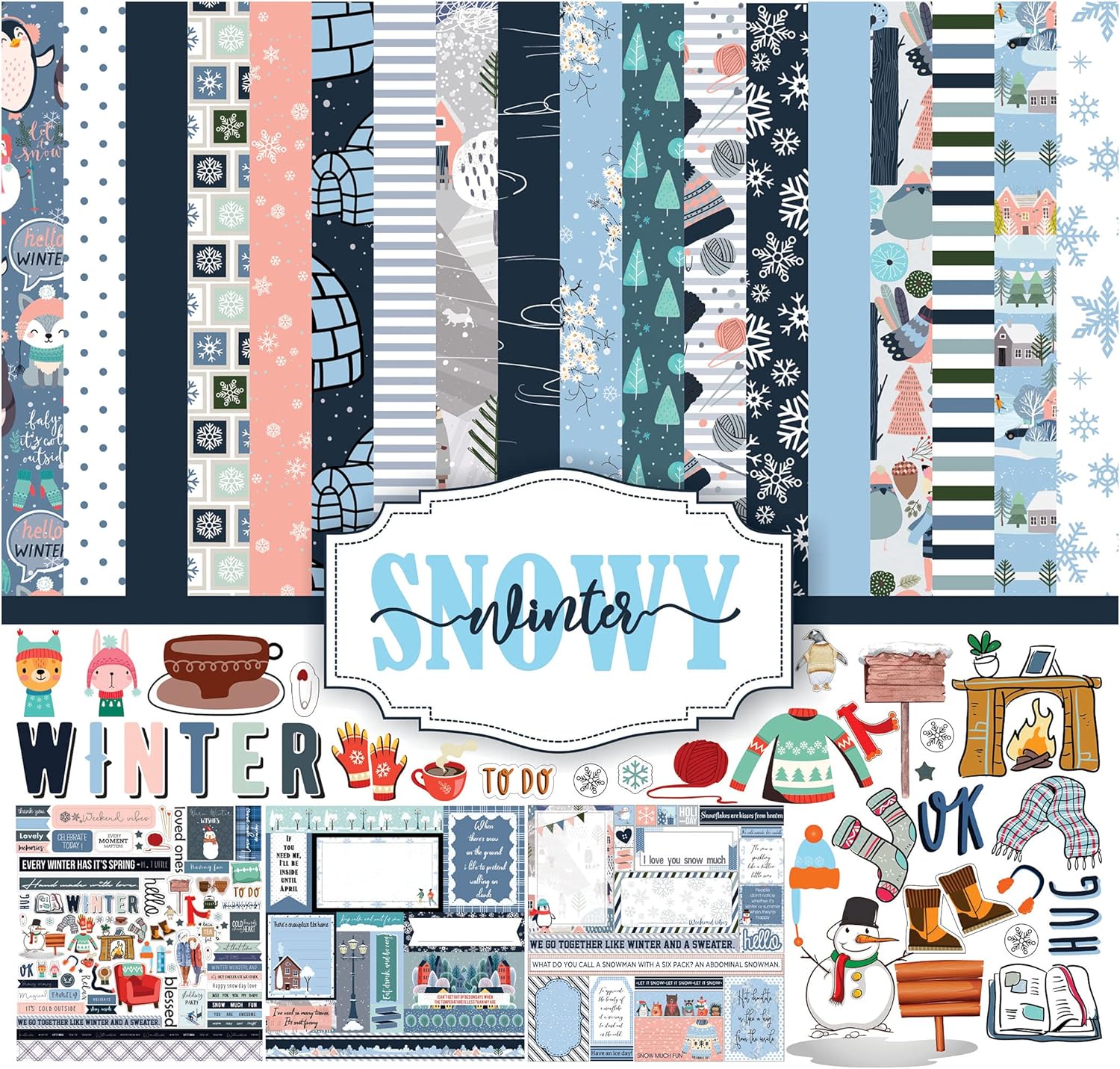 Inkdotpot Winter Theme Collection Double-Sided Scrapbook Paper Kit Cardstock 12"x12" Card Making Paper Pack with Sticker Sheet - 16 Pages - Blue