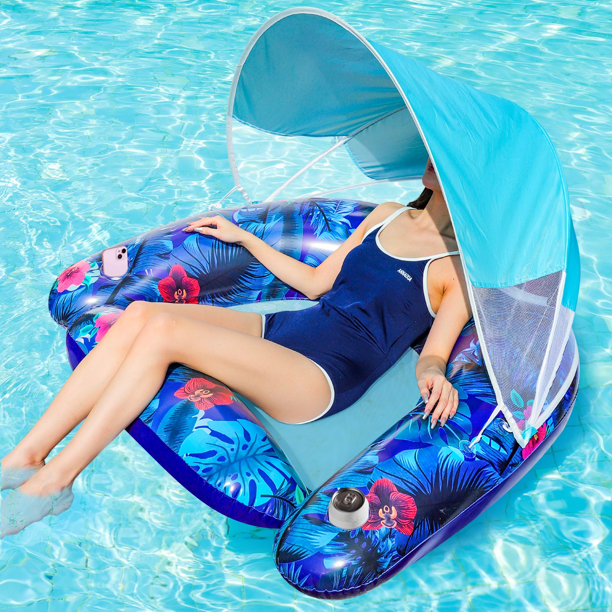 FindUWill Pool Floats with Canopy - XL Pool Float Chair with Removable Sun Shade and Cup Holder, Heavy Duty Inflatable Pool Chair for Summer Party, Beach, Lake
