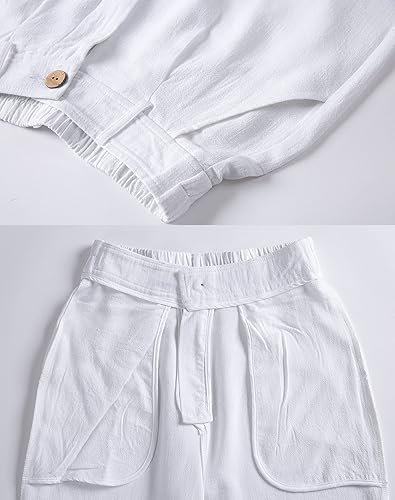 Miniatura 4 de heipeiwa Pantalones de mujer de lino casual de cintura alta de pierna ancha estilo recto de algodón y lino con botones