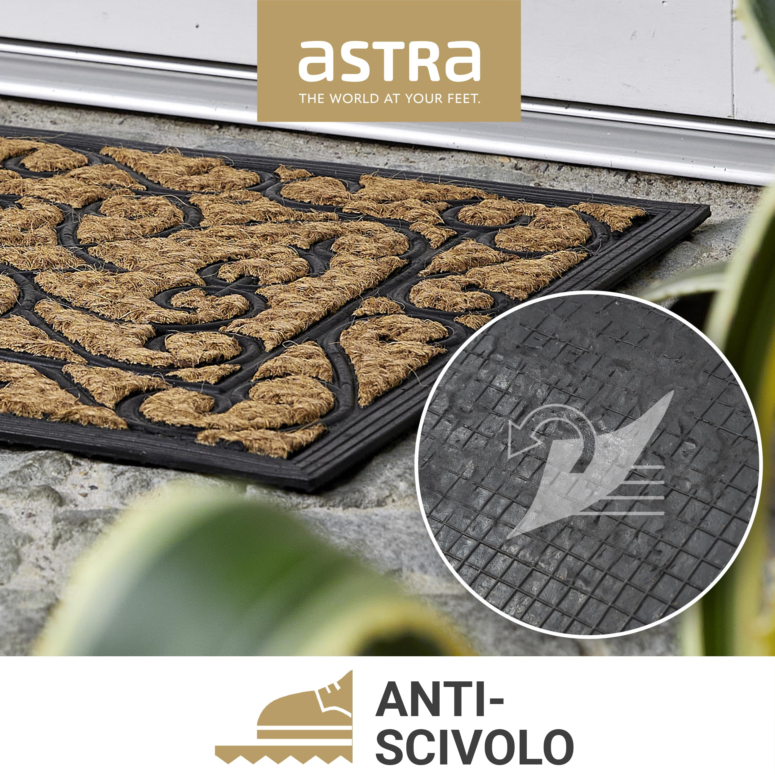 Astra Zerbino antiscivolo per esterni resistente alle intemperie - Coco Deluxe zerbino d'ingresso in gomma e cocco - 45x75 cm set di 2 Rilievo