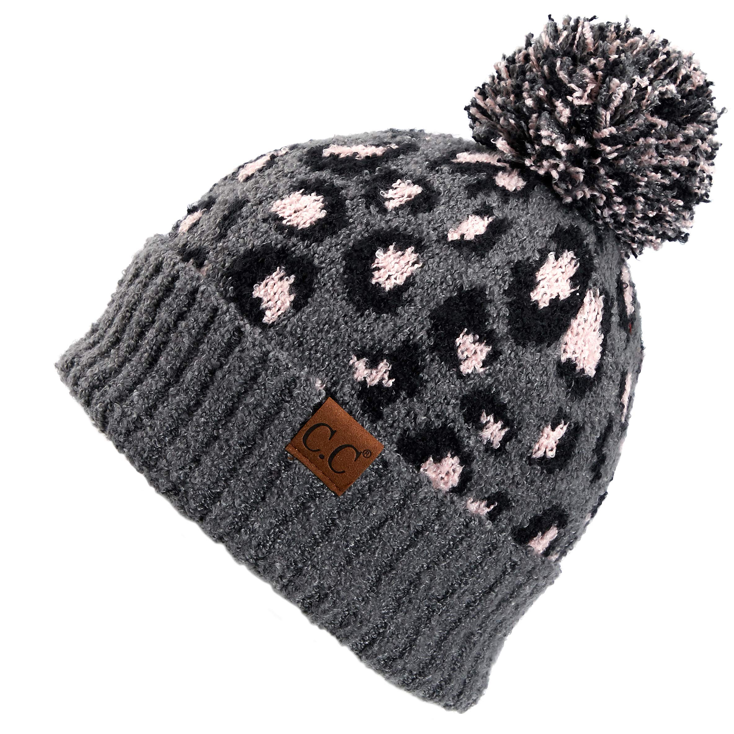 C.C Exclusives Soft Beanie hat with Leopard Pattern and Fur Pom(HAT-7001)(SF-7001)