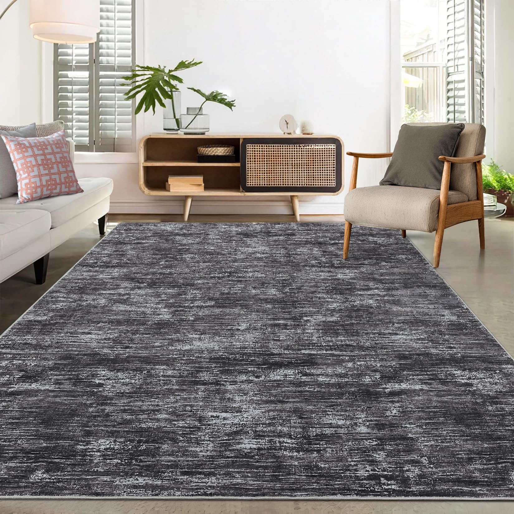 LuxFocus Modern Teppich Wohnzimmer 160x230cm, Waschbar Schlafzimmerteppich mit einfarbigen Texturmustern, rutschfest Faltbare Teppiche für Büro Esszimmer, Dunkelgrau