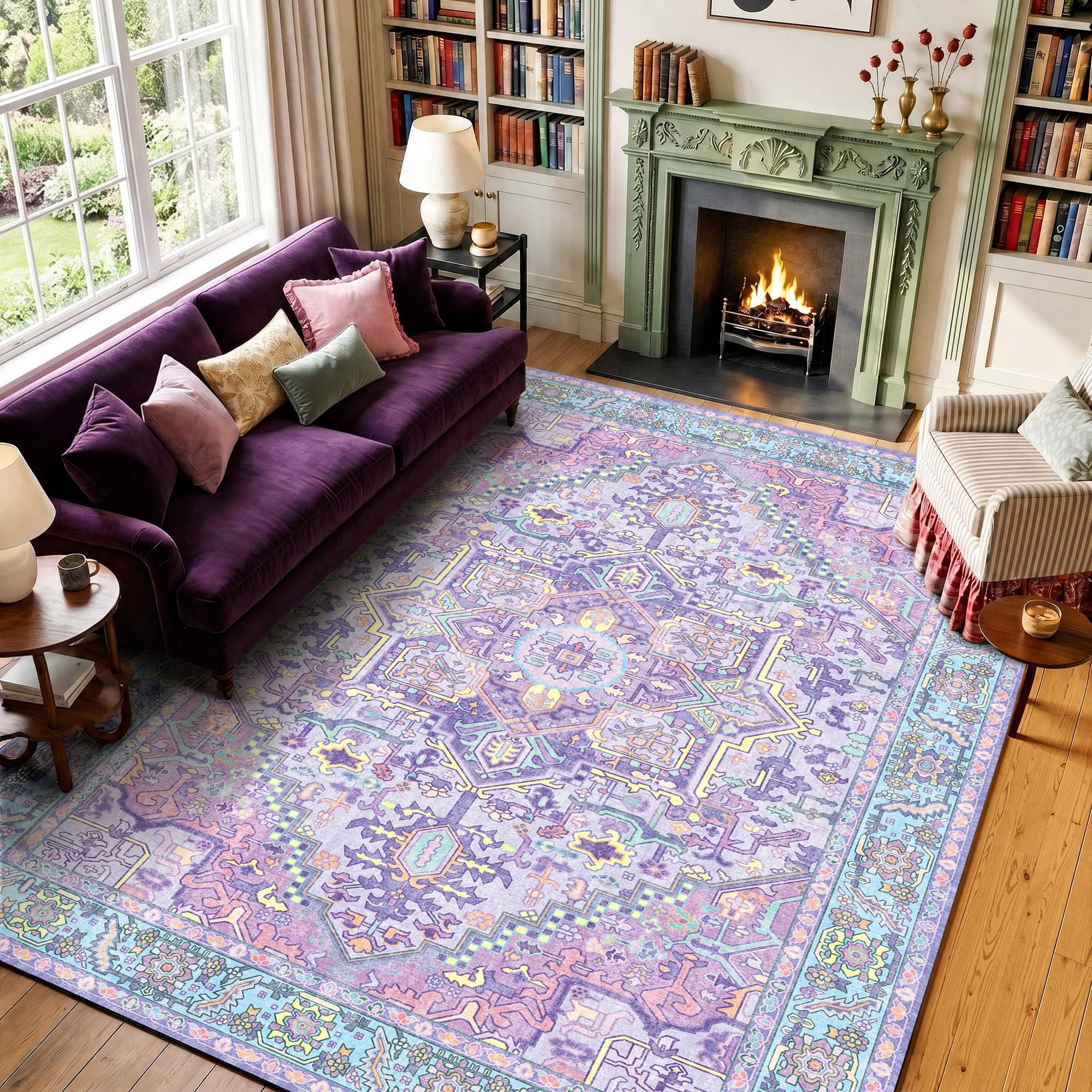 9x12 Lavender and Turquoise Vintage Boho Oriental Soft Washable Area Rug