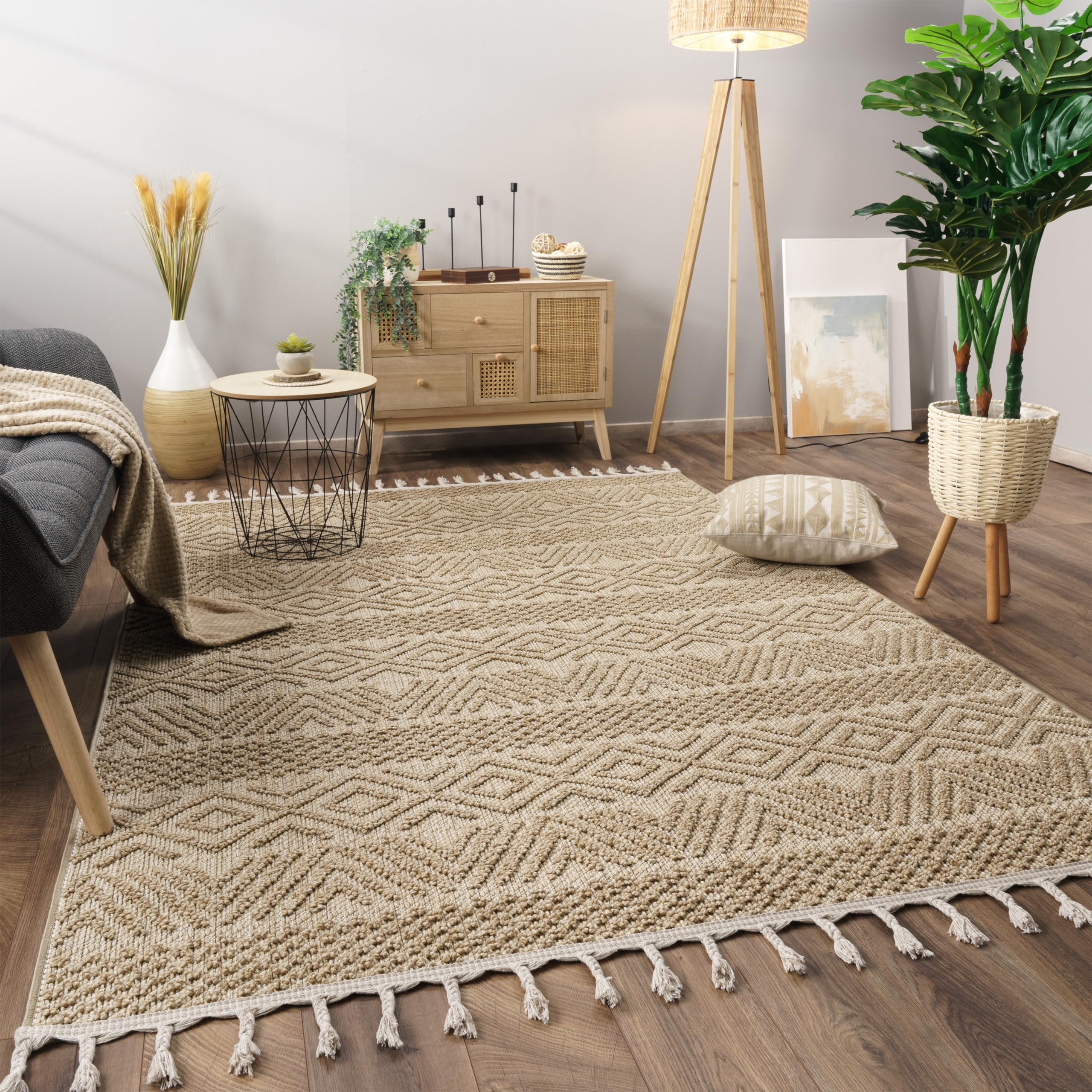 Paco Home Alfombra Salon De Habitacion Pelo Corto Motivo Boho Chic Motivo Nordica con Flecos, tamaño:120x160 cm, Color:Naturaleza