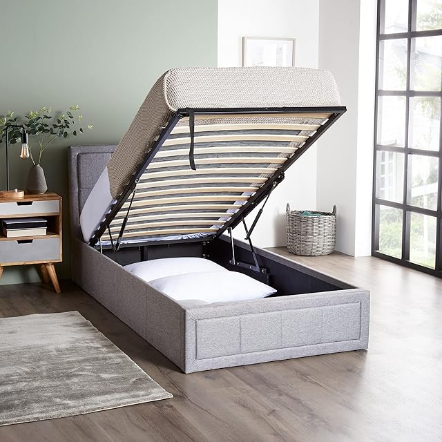 Home Treats Upholstered Bed Single | Ottoman Bed Frame | Grey Fabric Bed Frame With Storage (Single, No Mattress)