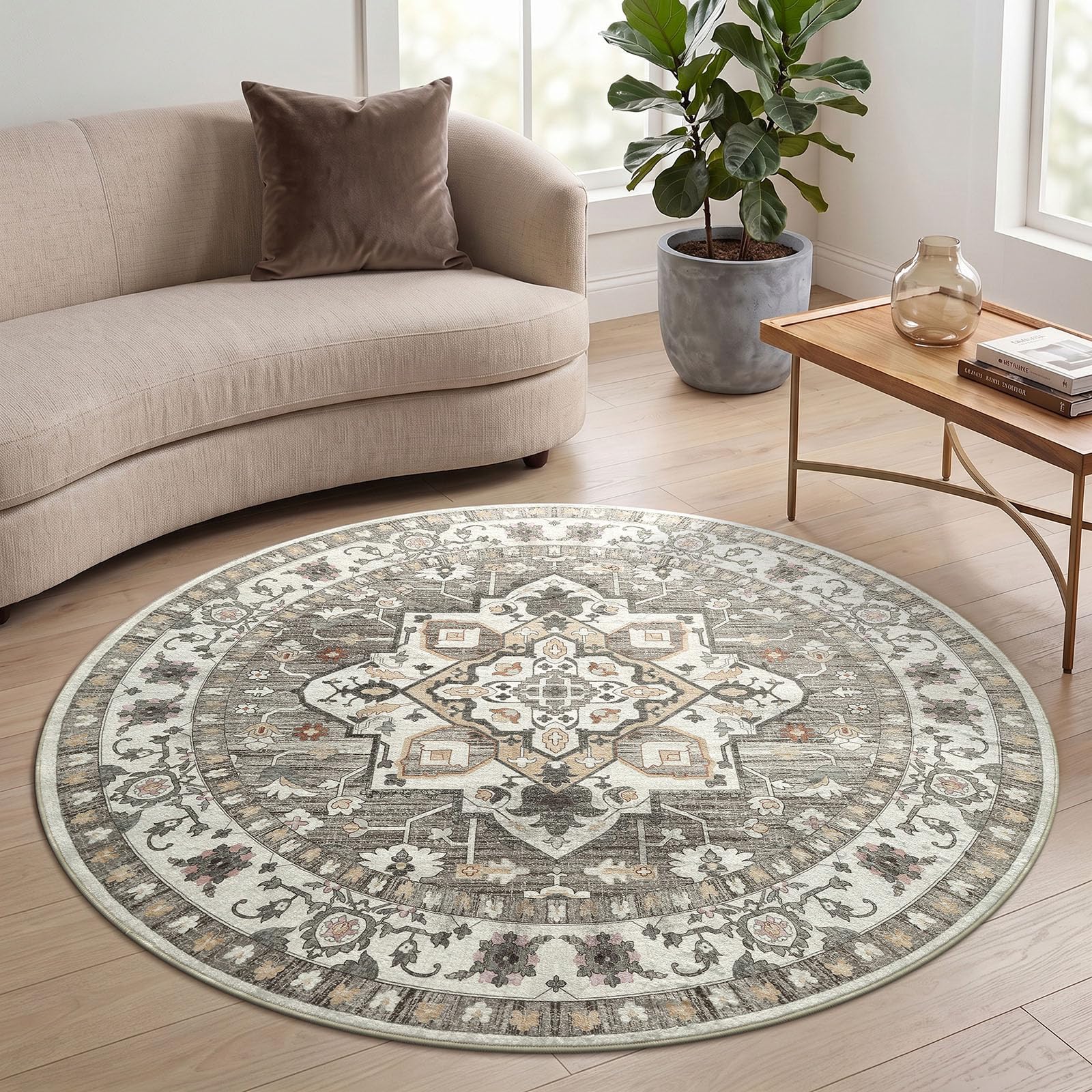 Homaxy Vintage Rugs Living Room Washable Anti Slip Large Rug Low Pile Boho Lounge Carpet for Bedroom, Nursery, Kitchen - 160 cm Round, Accent Taupe