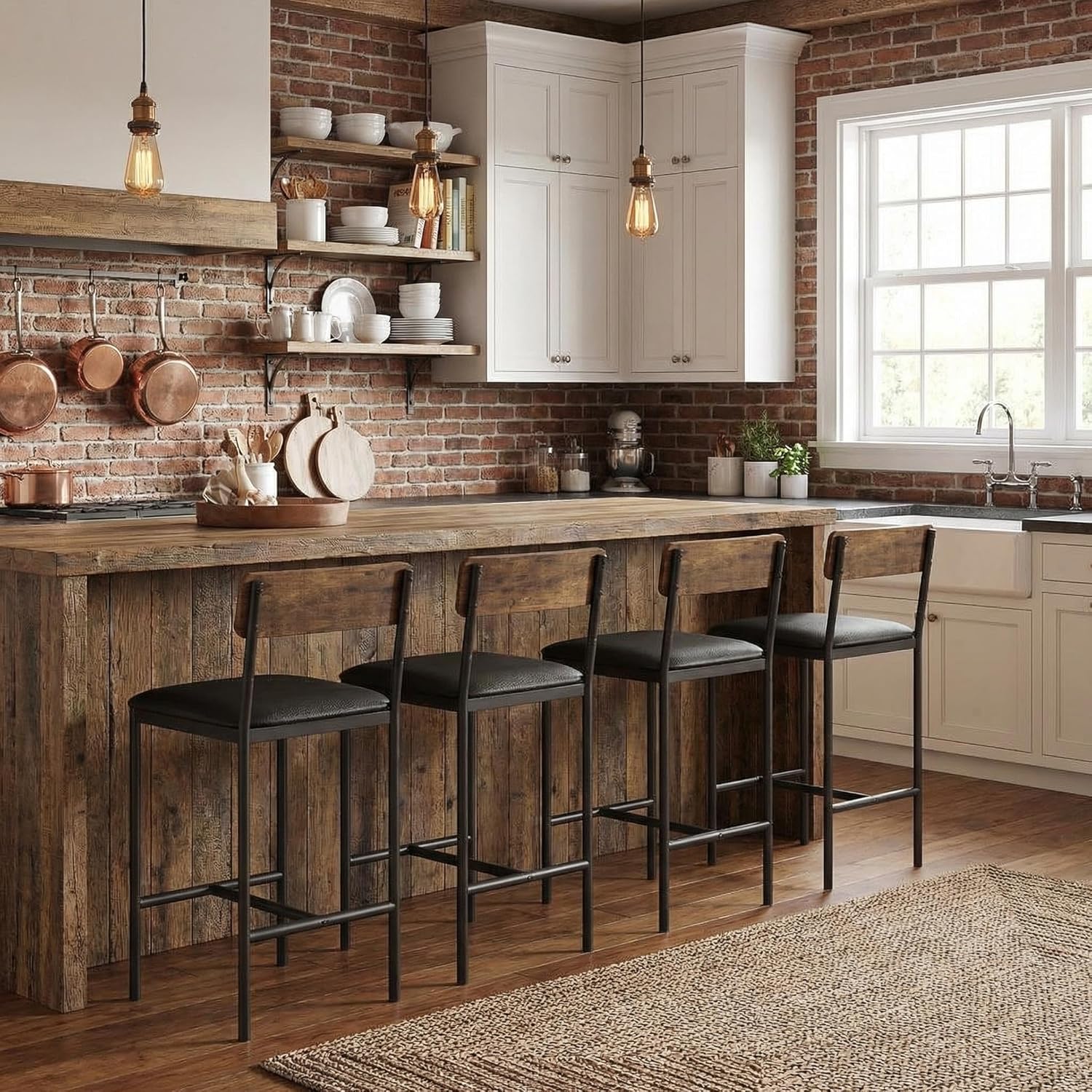 IDEALHOUSE Bar Stools Set of 4, Kitchen Bar Stools with Footrest, 25.5 Inches Upholstered Bar Chairs with Back, 4 Counter Height Barstools for Counter Bar, Island, Easy Assembly, Rustic Brown