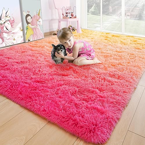 Miniatura 1 de Noahas Alfombras para dormitorio, alfombra amarilla y rosa de 4 x 6 pulgadas, alfombra de arco iris esponjosa para dormitorio de niñas, alfombra