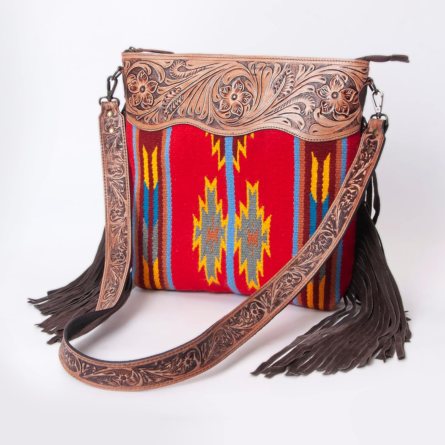 Merbaa Western Crossbody Bag for Women – Hand Tooled Leather Saddle Blanket Purse, Woolen Handwoven Boho Bag with Detachable Strap | Detachable Strap, Long Handle