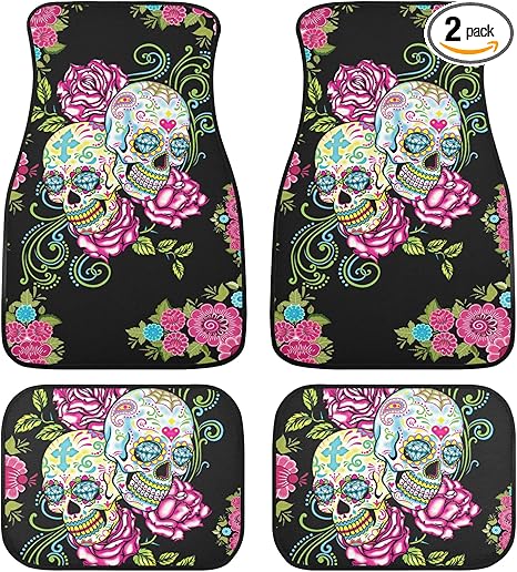 Día de Los Muertos Car Seat Cover and Mats – Mexican Sugar Skull Calaveras Hooded Protector with Colorful Floor Mats for Auto Interior Decor (2pcs Front mats)