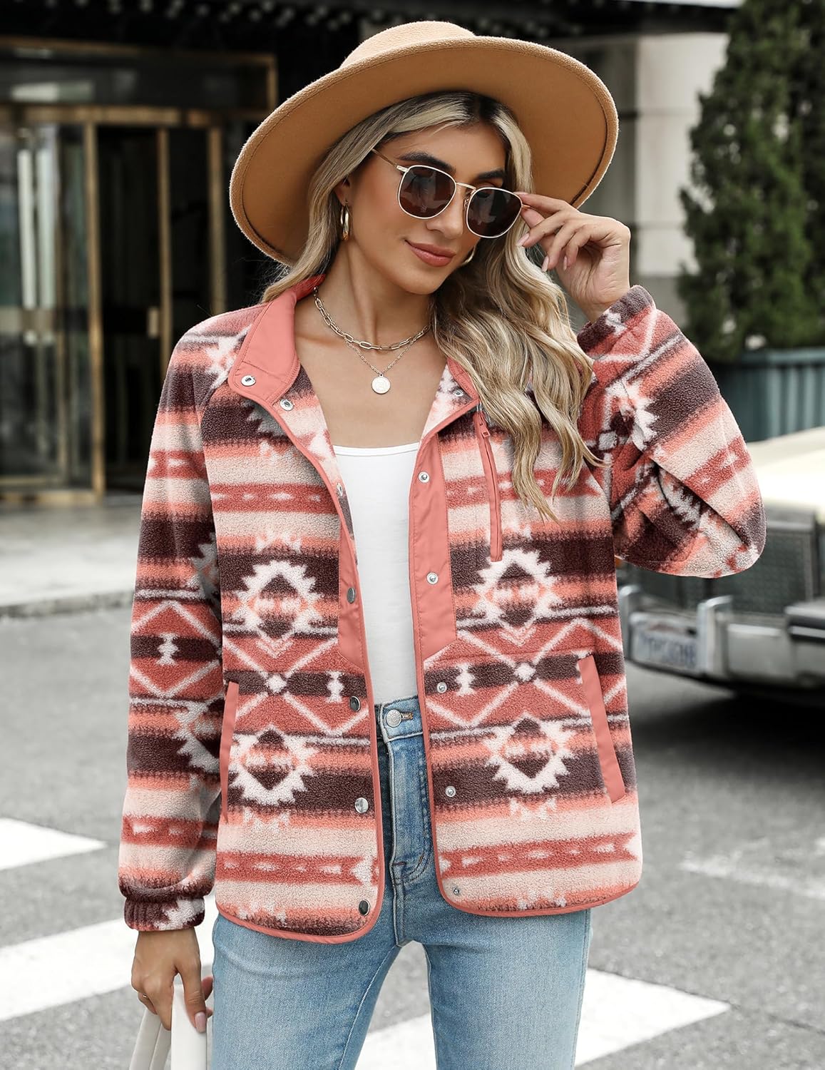 Zeagoo Women's Cozy Fleece Jacket Western Aztec Print Snap Button Down Coat with Pockets Casual Warm Outwear 2026