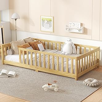 Bellemave Twin Floor Bed with Slats and Safety Guardrails, Kids Montessori Floor Beds with Fence and Without Door, Easy Assemble Floor Bed for Kids, Girls, Boys, Natural
