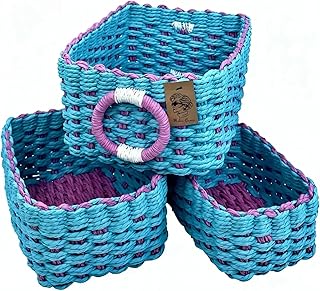 Modern Granny Recycled Paper Rope Storage Baskets (Set of 3) - Handwoven Nesting Organizer Bins for Shelves, Bathroom & Nursery Wicker Decor Box for Closet & Office (Small/Medium/Large) Blue