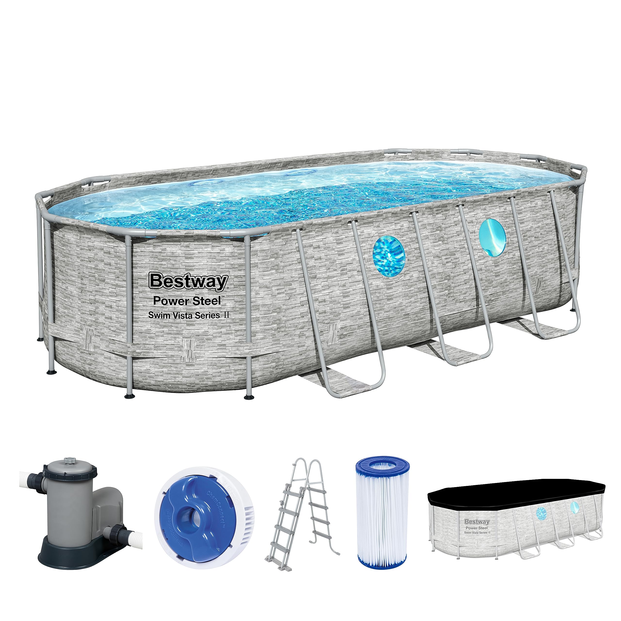 Bestway Power Steel Swim Vista Series Frame Pool Komplett-Set mit Filterpumpe 549 x 274 x 122 cm, Steinwand-Optik (Cremegrau), oval