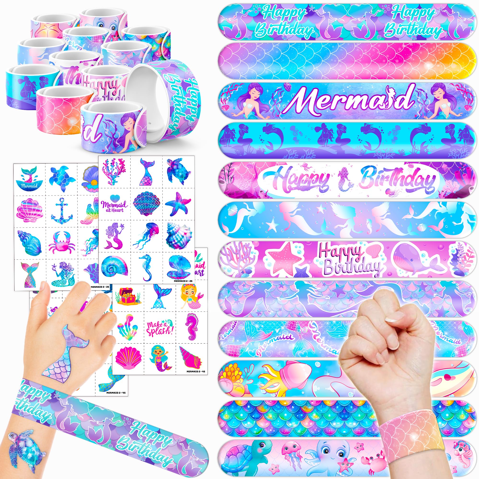 Cherisnowy 72PCS Mermaid Party Favors, Temporary Tattoos & Slap Bracelets