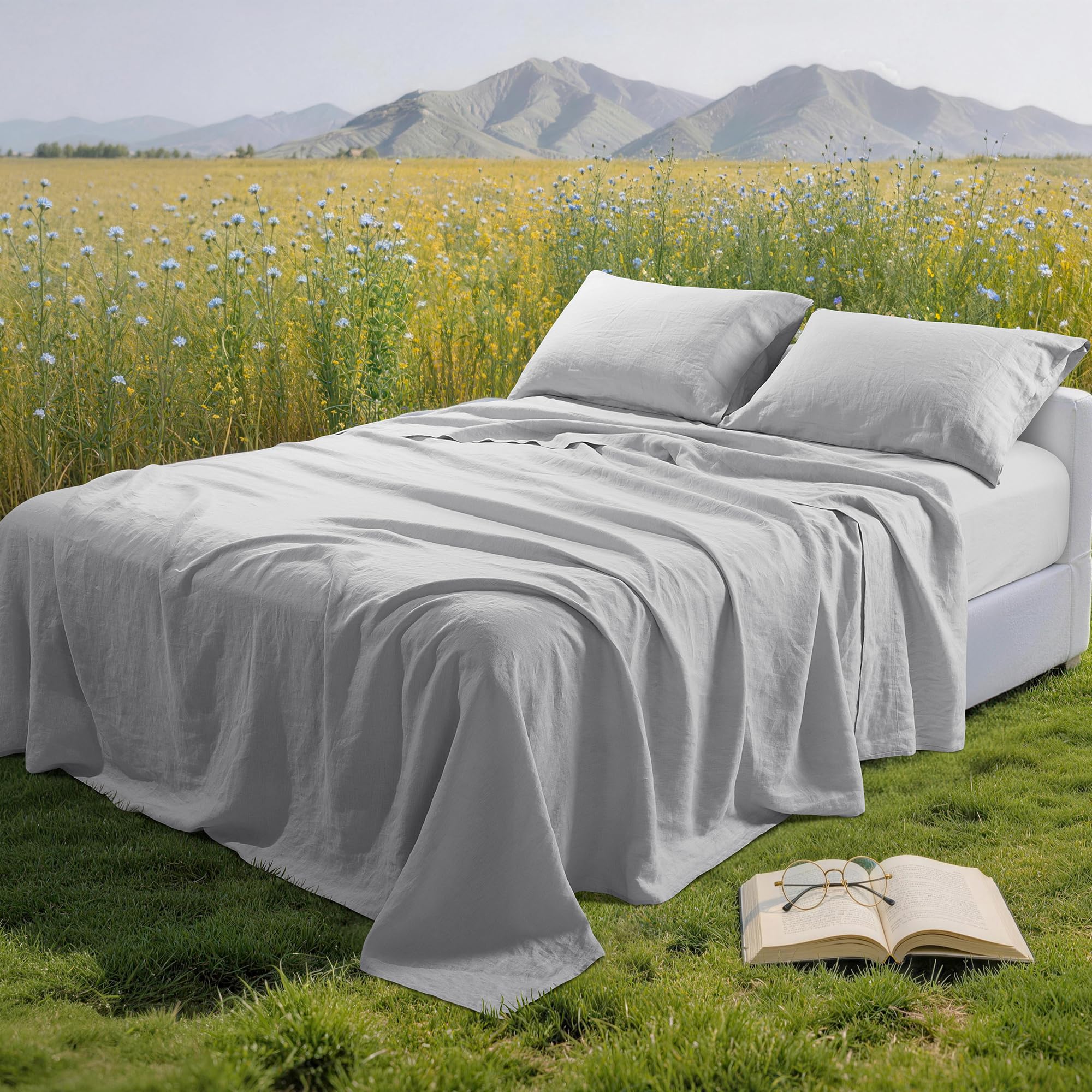 100% Pure Linen Sheet Set for Hot Sleepers, Natural Linen Sheets 4pcs (Gray, Cal King)