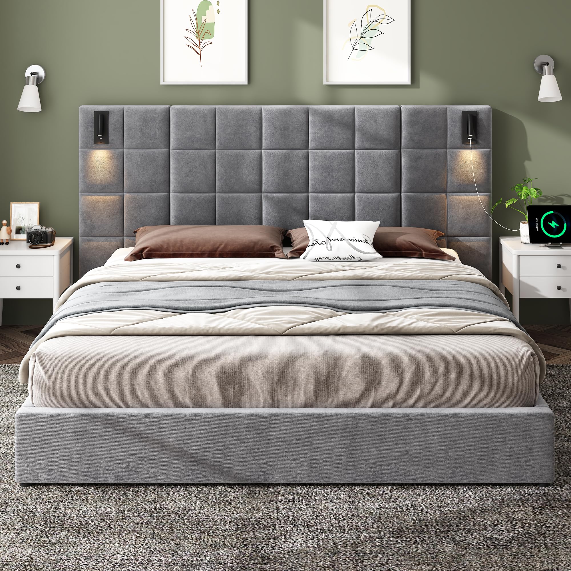 Merax Upholstered King Bed, with Reading Lamp and USB Port, Wide Velvet Headboard, (Without Bedside Tables and Mattress), Grey
