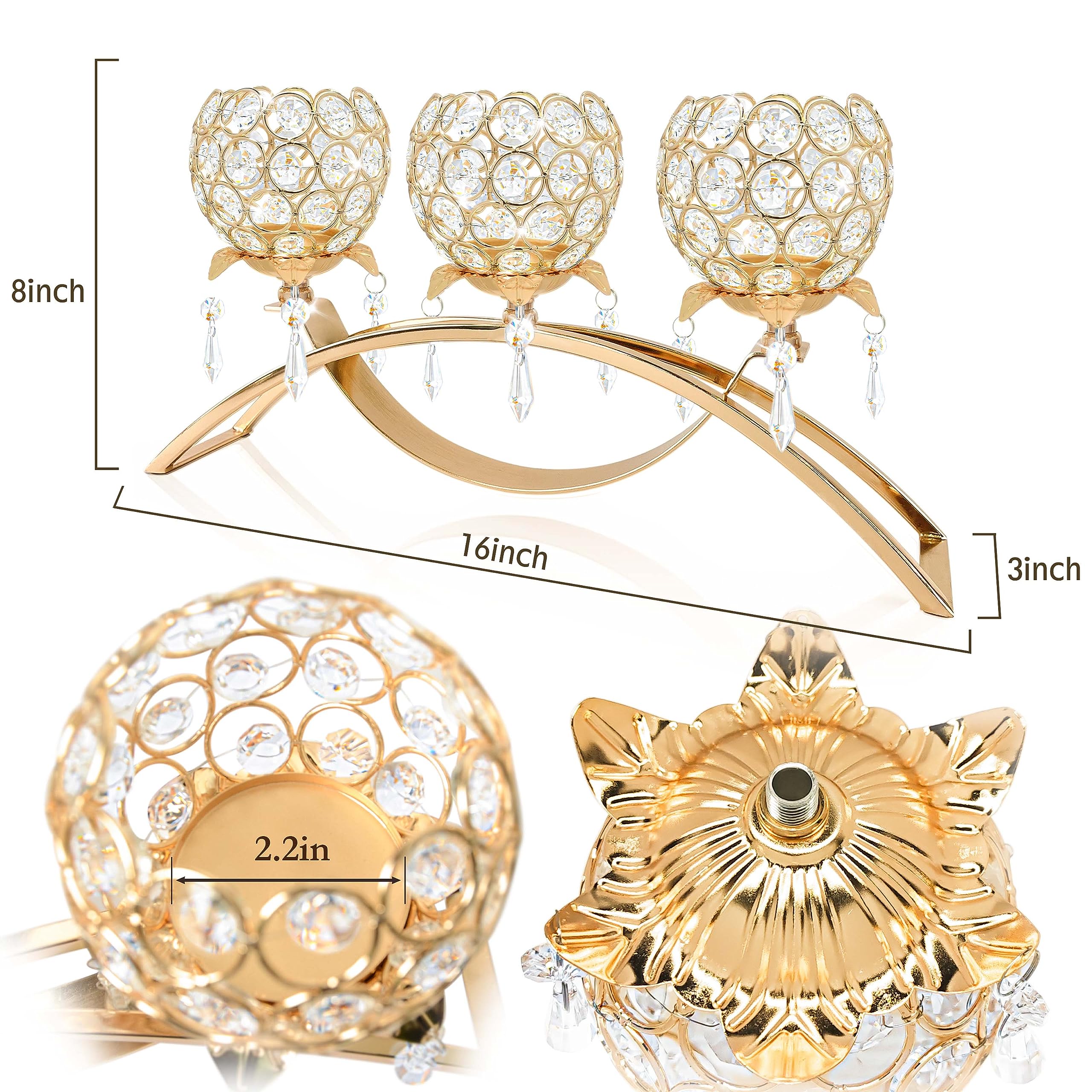 Set mit 3 goldfarbenen Kristall-Teelichthaltern, Blumenform mit Kristallanhänger, Schale, Votivkerzenhalter aus Metall, für Tischdekoration, Hochzeit, Heimdekoration (Gold, 3 Arme)