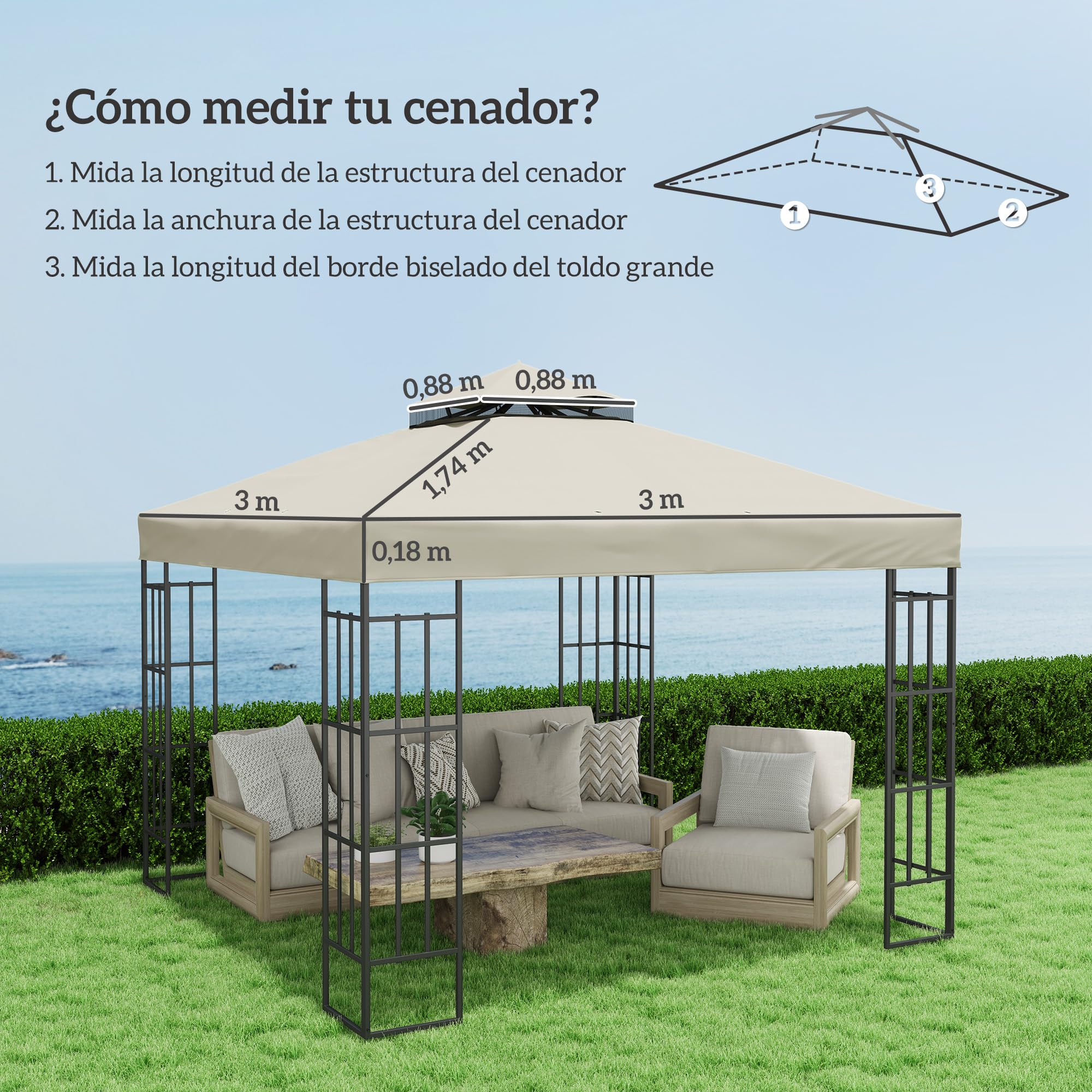 Outsunny Techo de Repuesto para Cenador 3x3 m Techo Doble Crema | Cubierta de Repuesto, Orificios de Drenaje, Protección UPF30+, SOLO Toldo de Recambio para Pabellón Gazebo