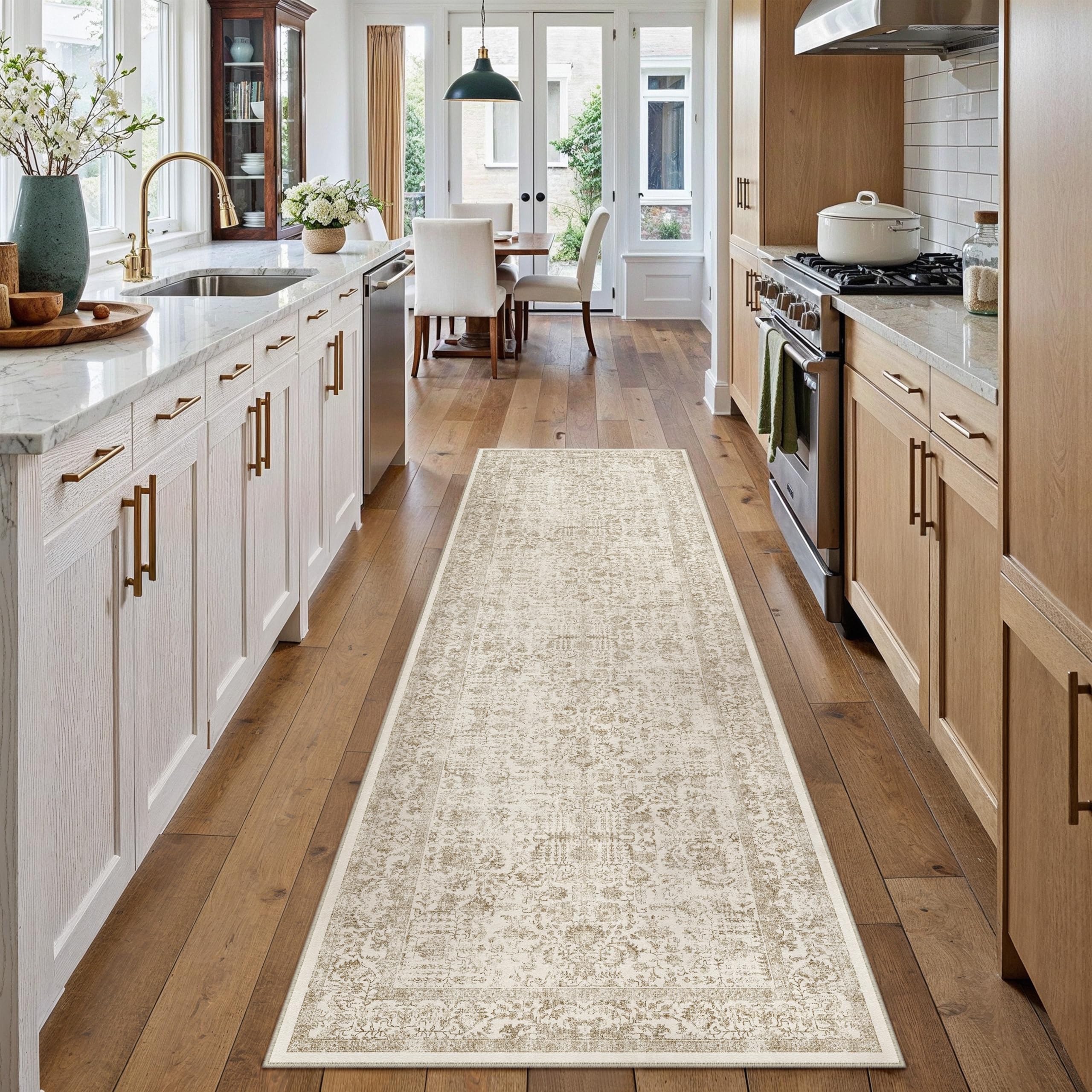 PureCozy Light Brown Runner Rug 2'6"x14' Washable Carpet for Hallway Kitchen Vintage Distressed Non Slip Indoor Retro Floral Bedroom Accent Throw Long Rug Bathroom Office Laundry Dining Living Room โ image 1