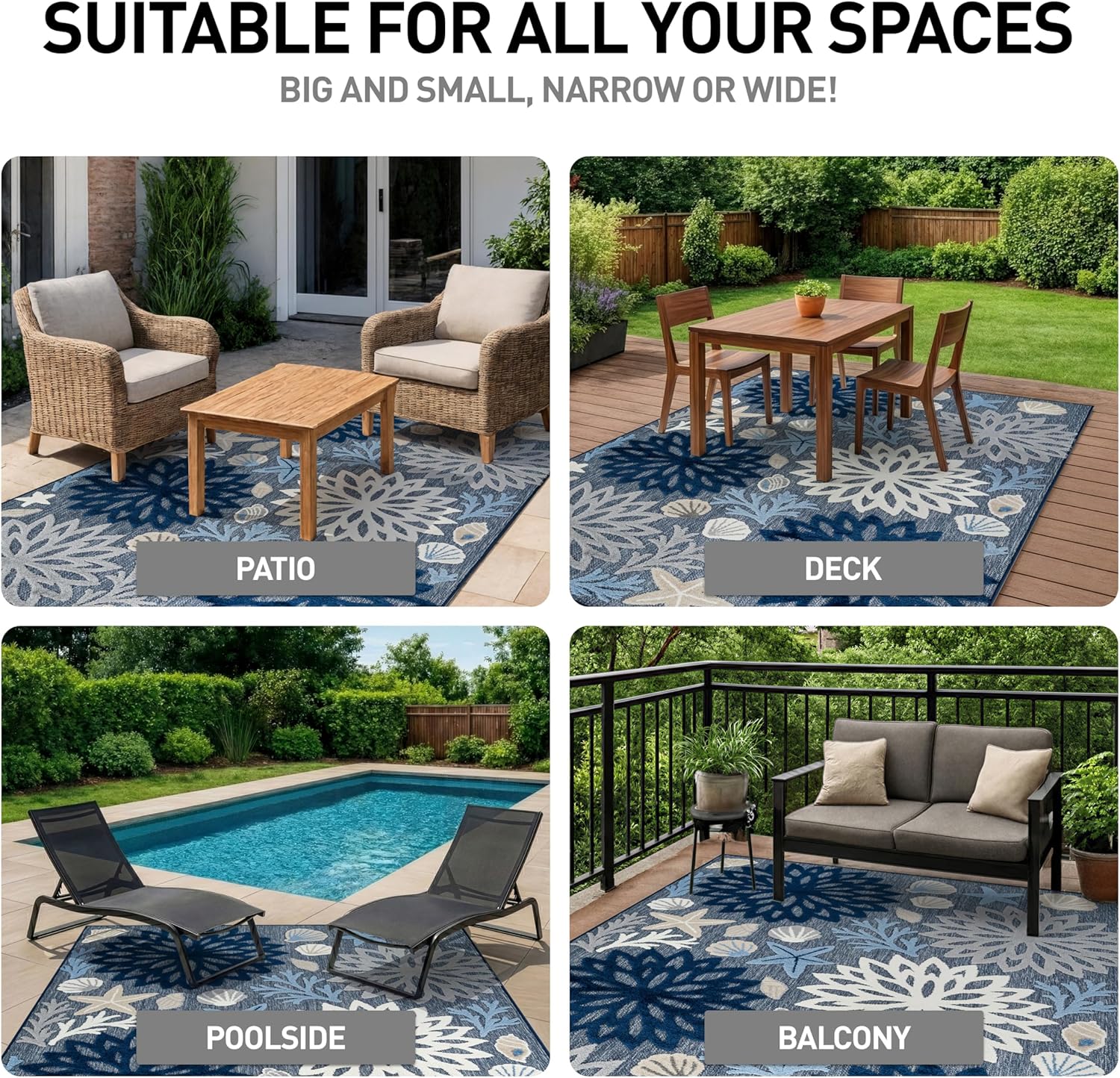Rugshop Indoor/Outdoor High-Low Textured Area Rug, Coastal Floral, Easy-Clean Patio Rug for Porch Deck Balcony 5' x 7' Navy