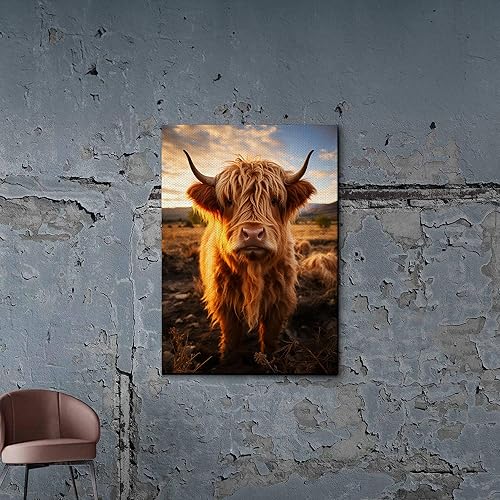 Highland Cow Wall Art, This Is Our Happy Place Inspirational Canvas Poster for Home, Long Haired Scottish Cow with White Flower Picture Farmhouse
