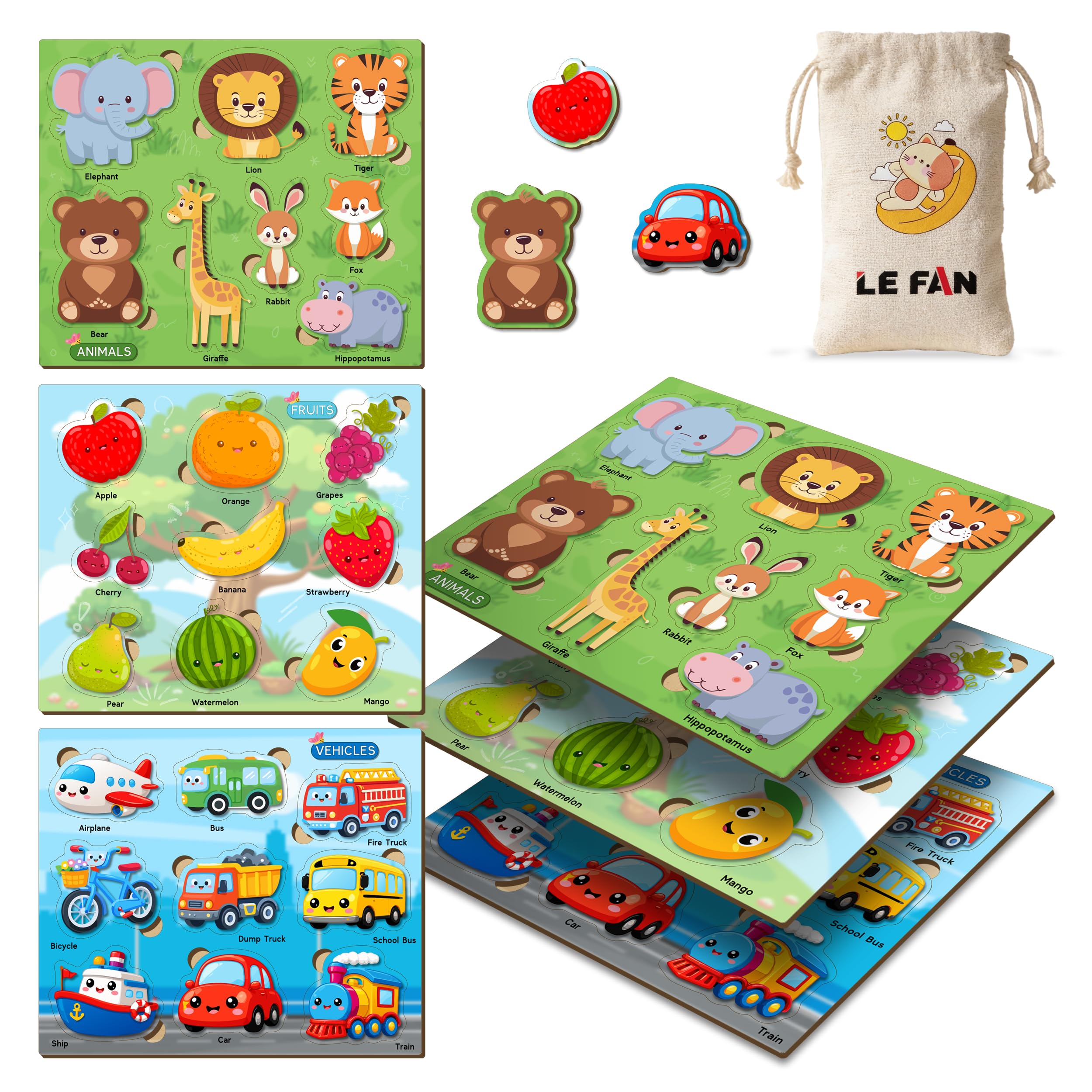Lefan Wooden Peg Puzzle Set for Kids 2-4 Years | Animals, Fruits & Vehicles Learning Puzzle Boards | MDF Wooden Educational Toy for Toddlers | 3 Boards with Easy Grip Pieces-image-10
