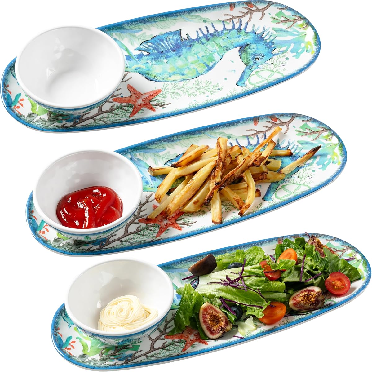 LEHAHA Juego de platos para servir chips y salsas costeras, juego de 3, juego de regalo de cuenco y bandeja de melamina, platos para servir para entretenimiento, cuencos pequeños para guarniciones, salsa, aperitivos, condimentos.