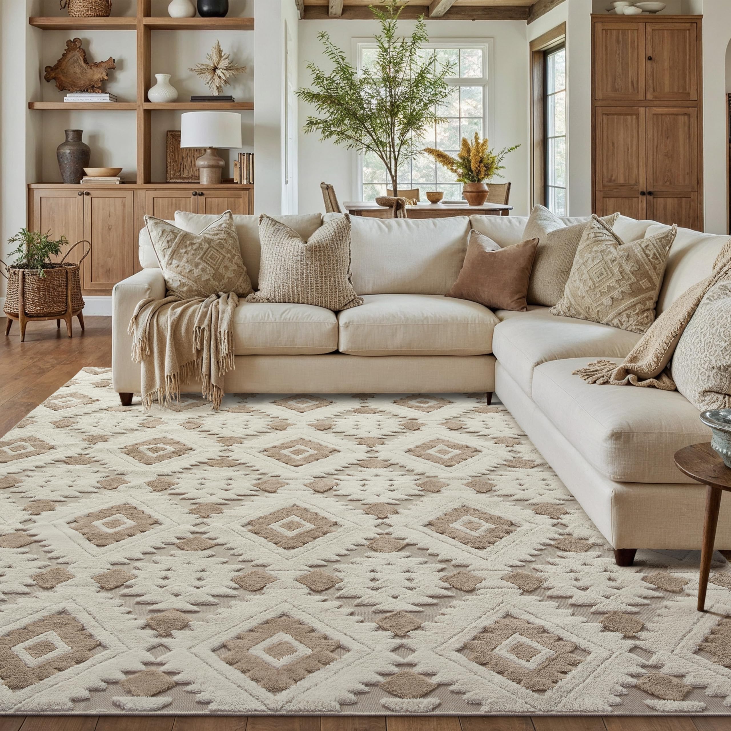 PureCozy Beige Braun Teppich Wohnzimmer 200x300cm Boho Schlafzimmer Waschbarer Groß Teppiche 3D Effekt Gegend Esszimmer Kinderzimmer Bettvorleger Flauschig Kurzflor Carpet